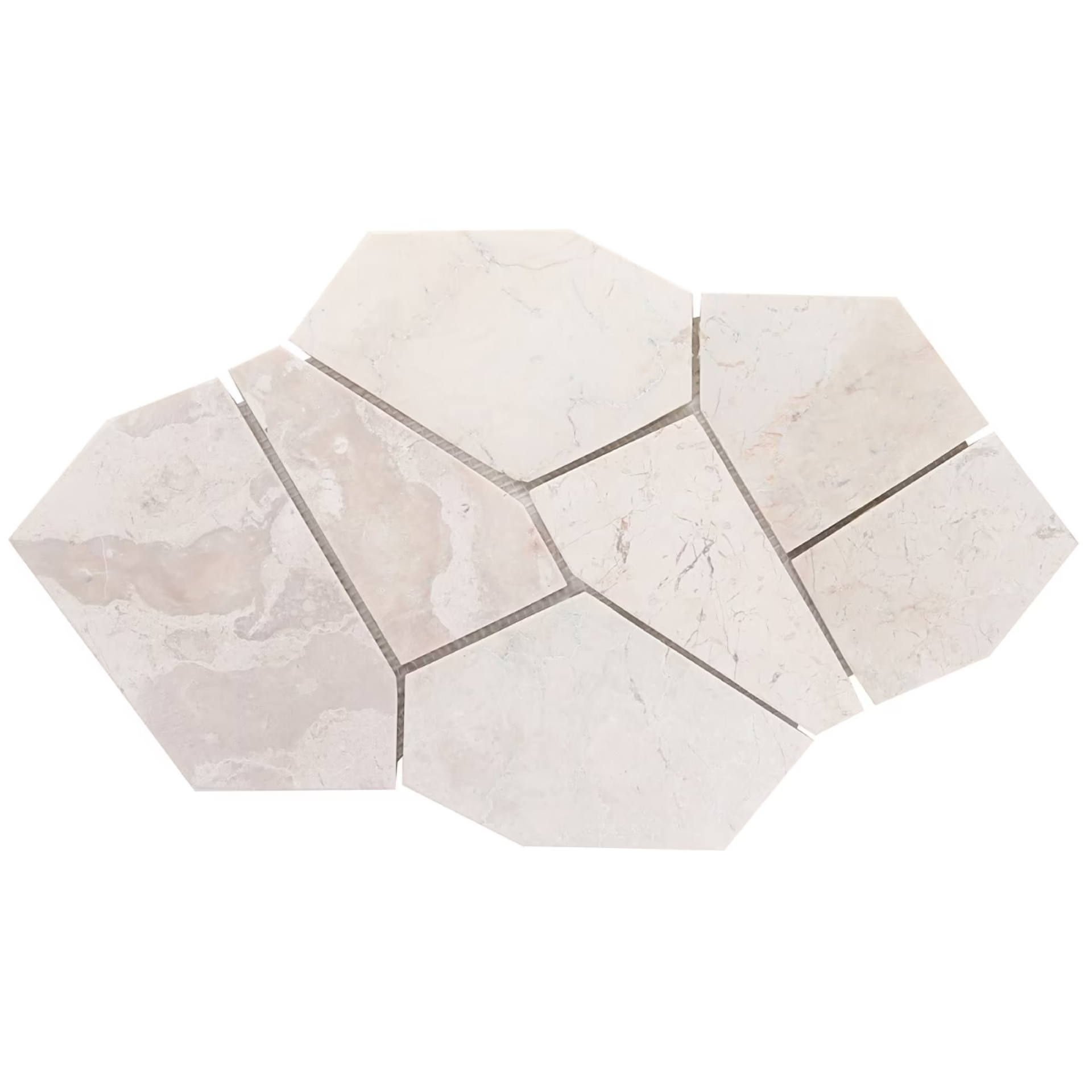 Pentagon-shaped Lovina White mosaic for clean, minimalist tile installations