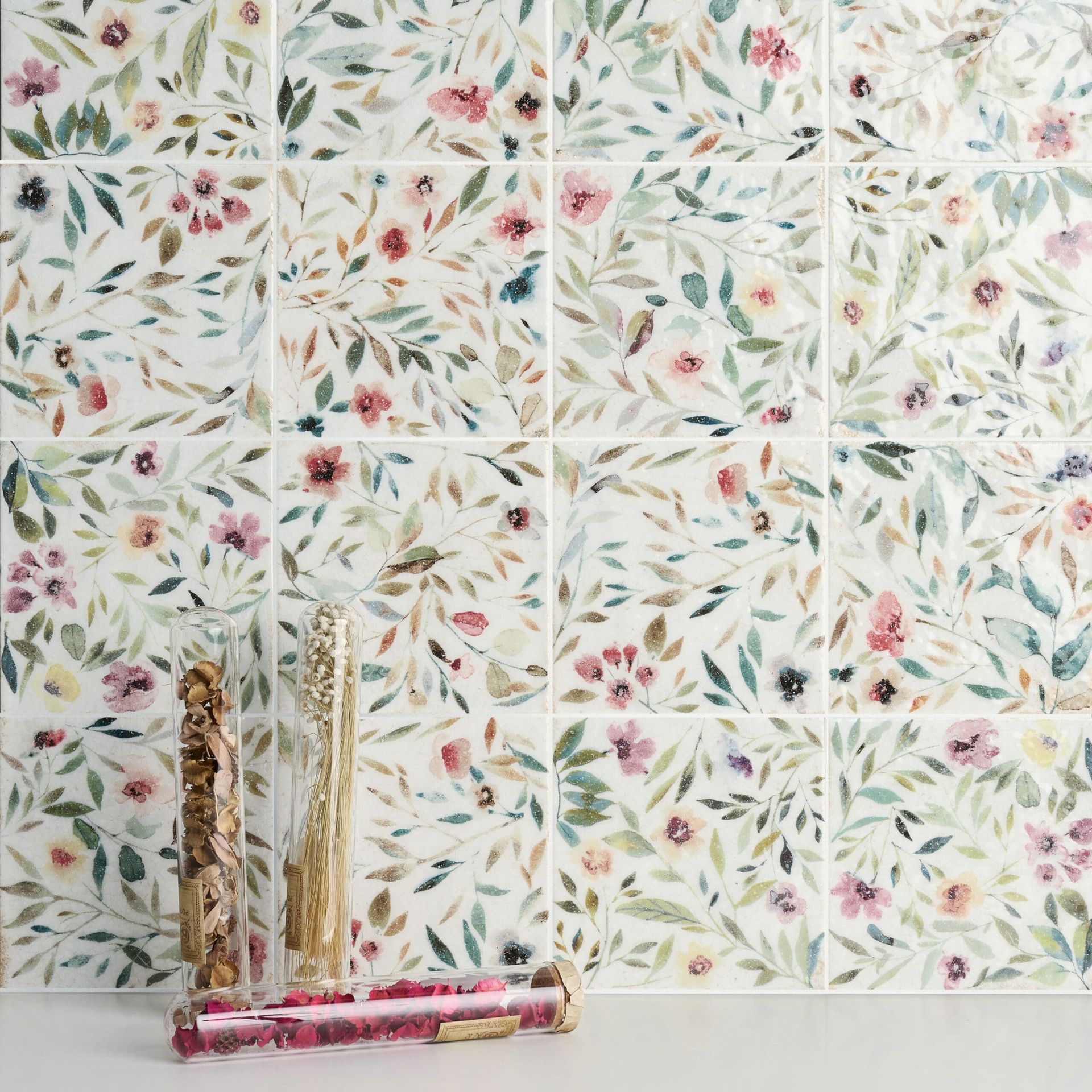 Botanical-inspired tile design from Mayolica collection with a charming vintage touch
