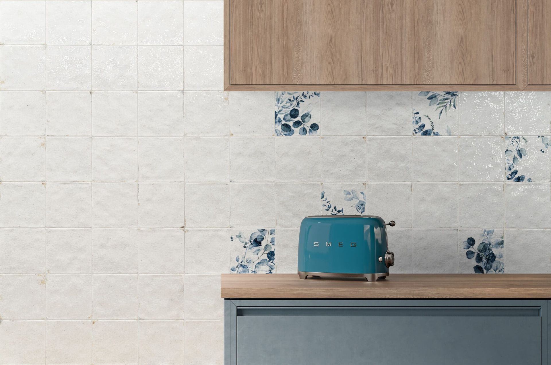 Mayolica White and Woods tiles create a rustic-modern kitchen wall design
