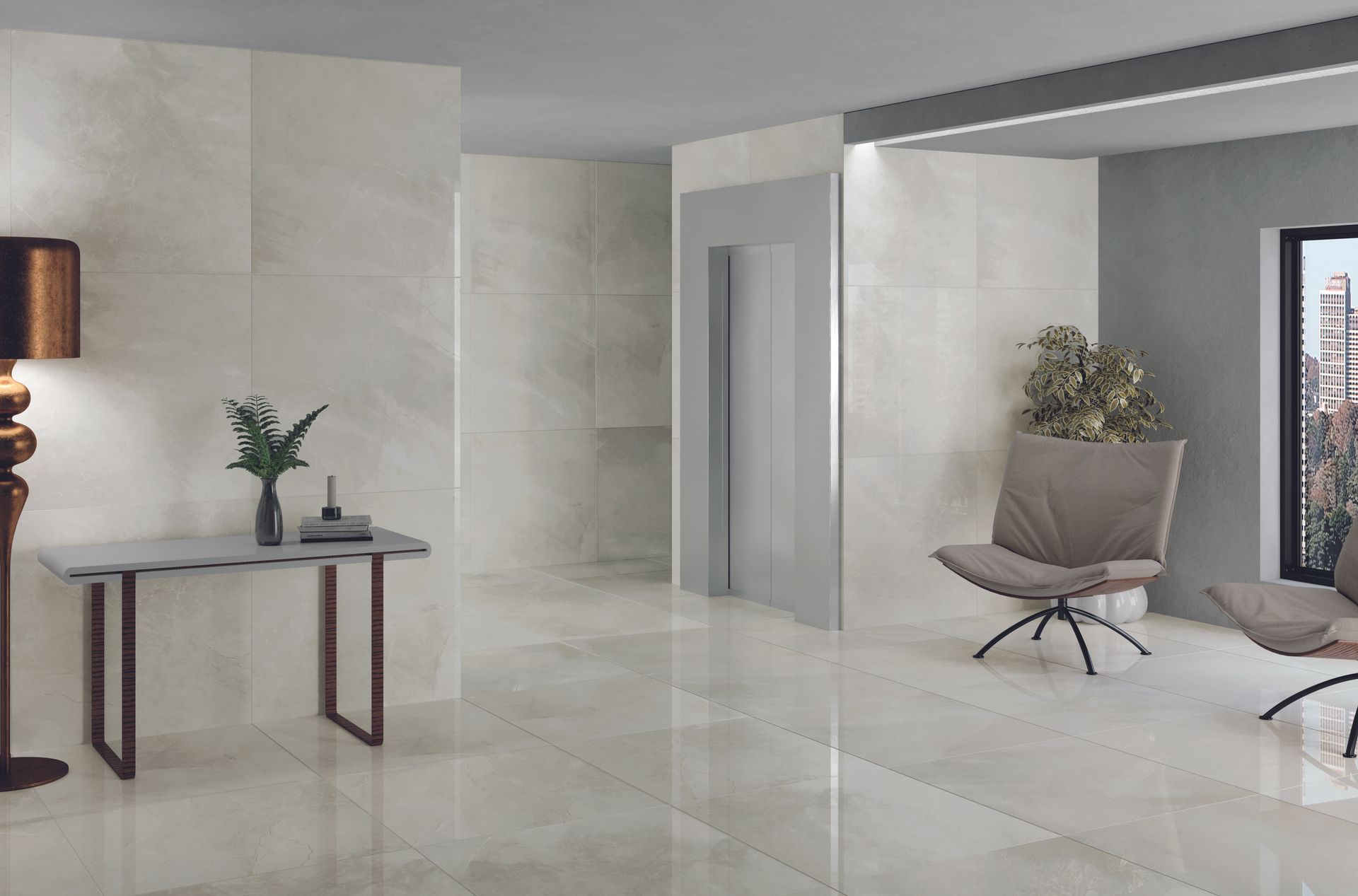 Perla tile installed on living room floor for modern, sleek styling