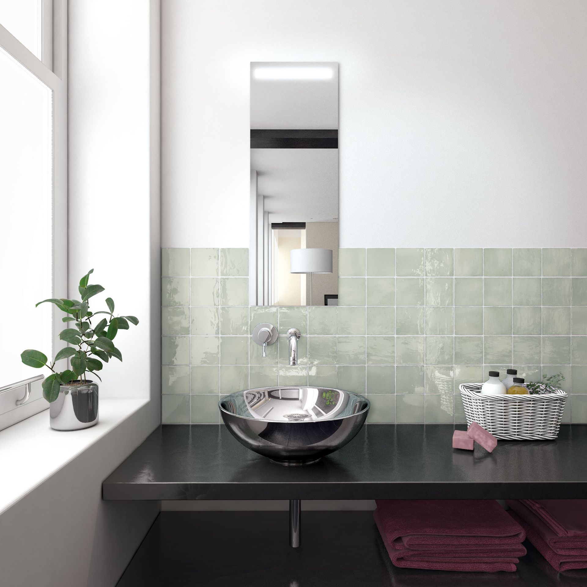 Sink backsplash featuring Manacor Mint tile for a bright, airy detail