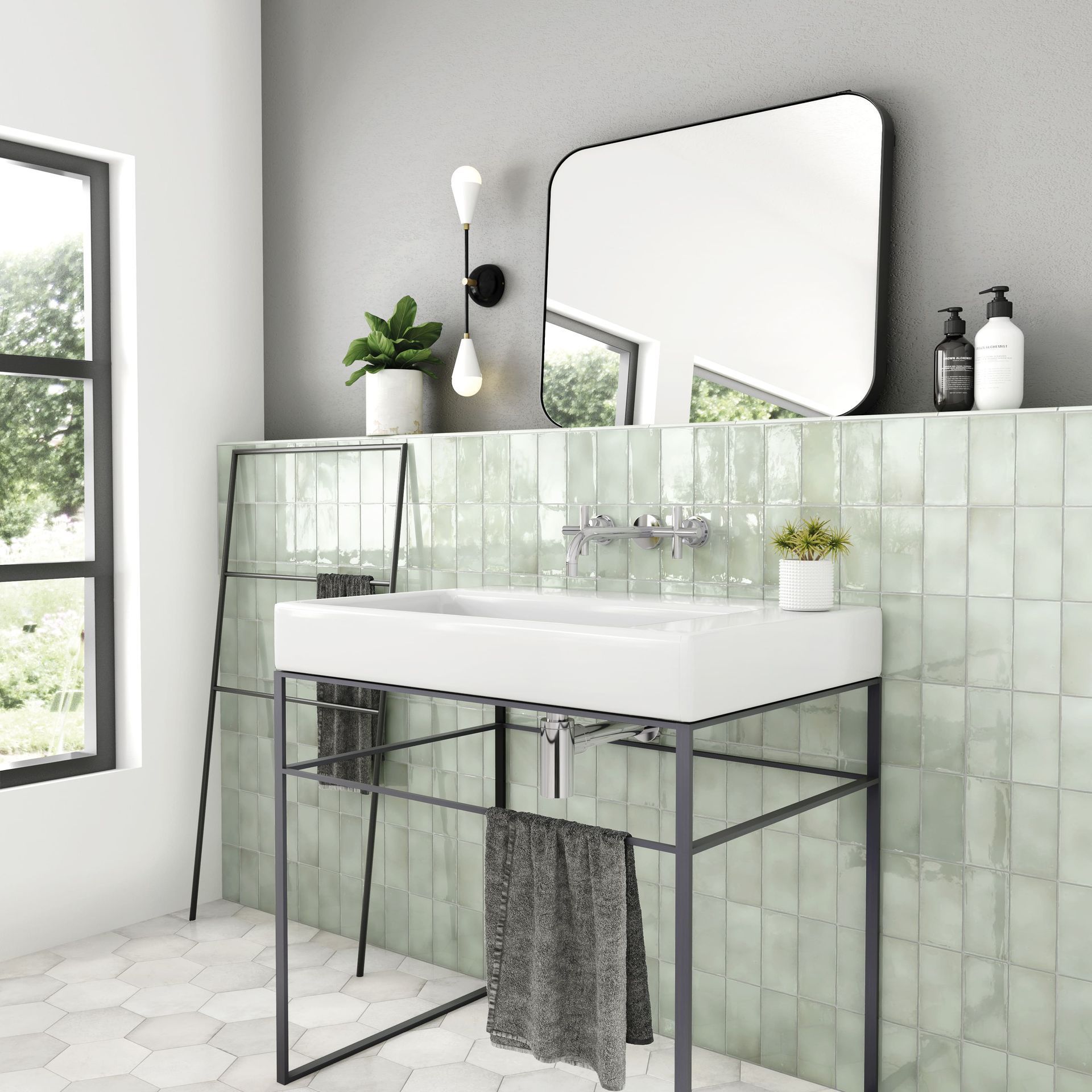 Bathroom walls clad in Manacor Glacier tile for a clean, coastal vibe