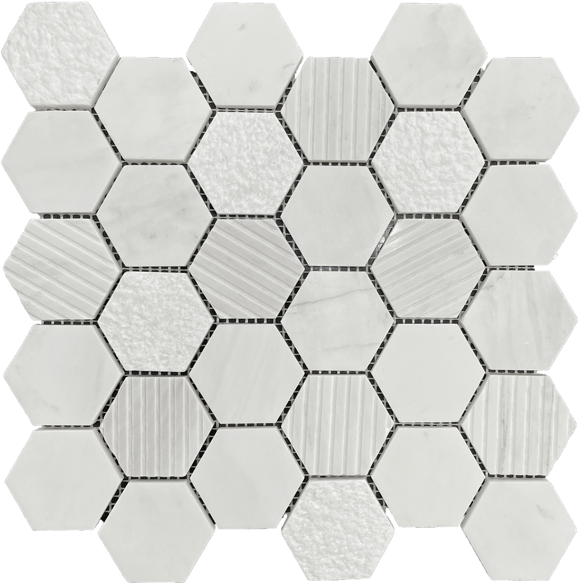 Milos Hex Structures mosaic with textured finish perfect for bold, tactile tile walls