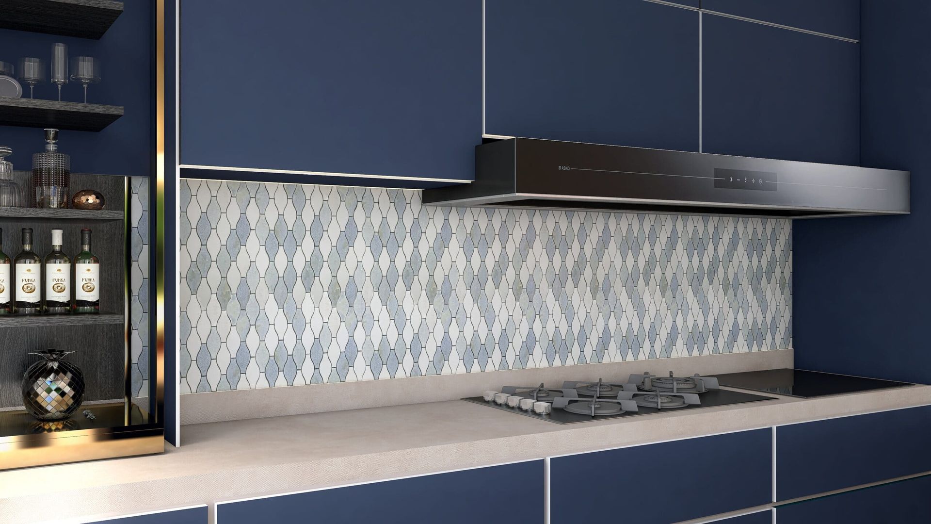 Striking turquoise tones in this mosaic lend a vibrant pop to otherwise neutral kitchens or baths.