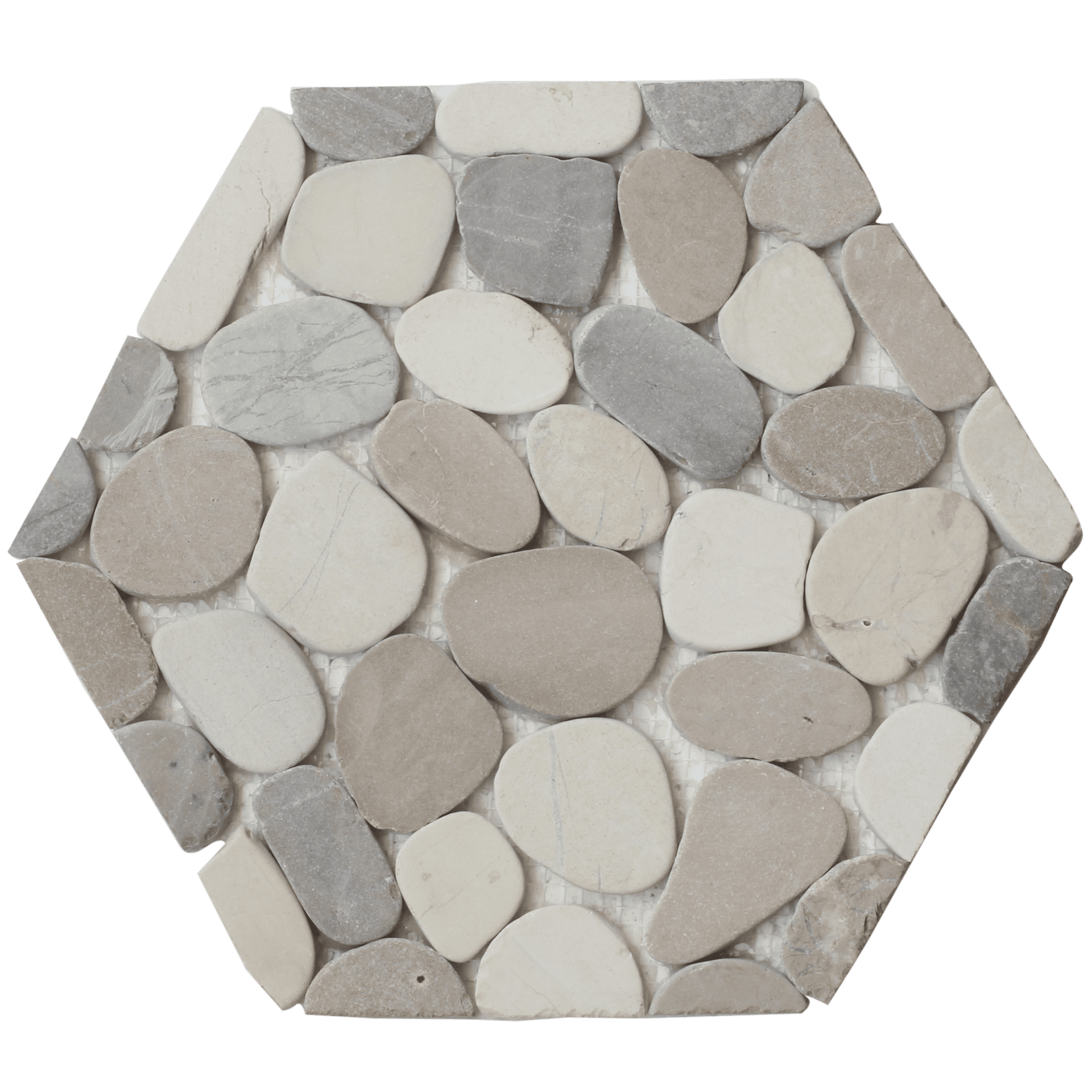 Honey-toned Flat Hex Pebblino mosaic offers warm geometry for patios or bathroom floors.