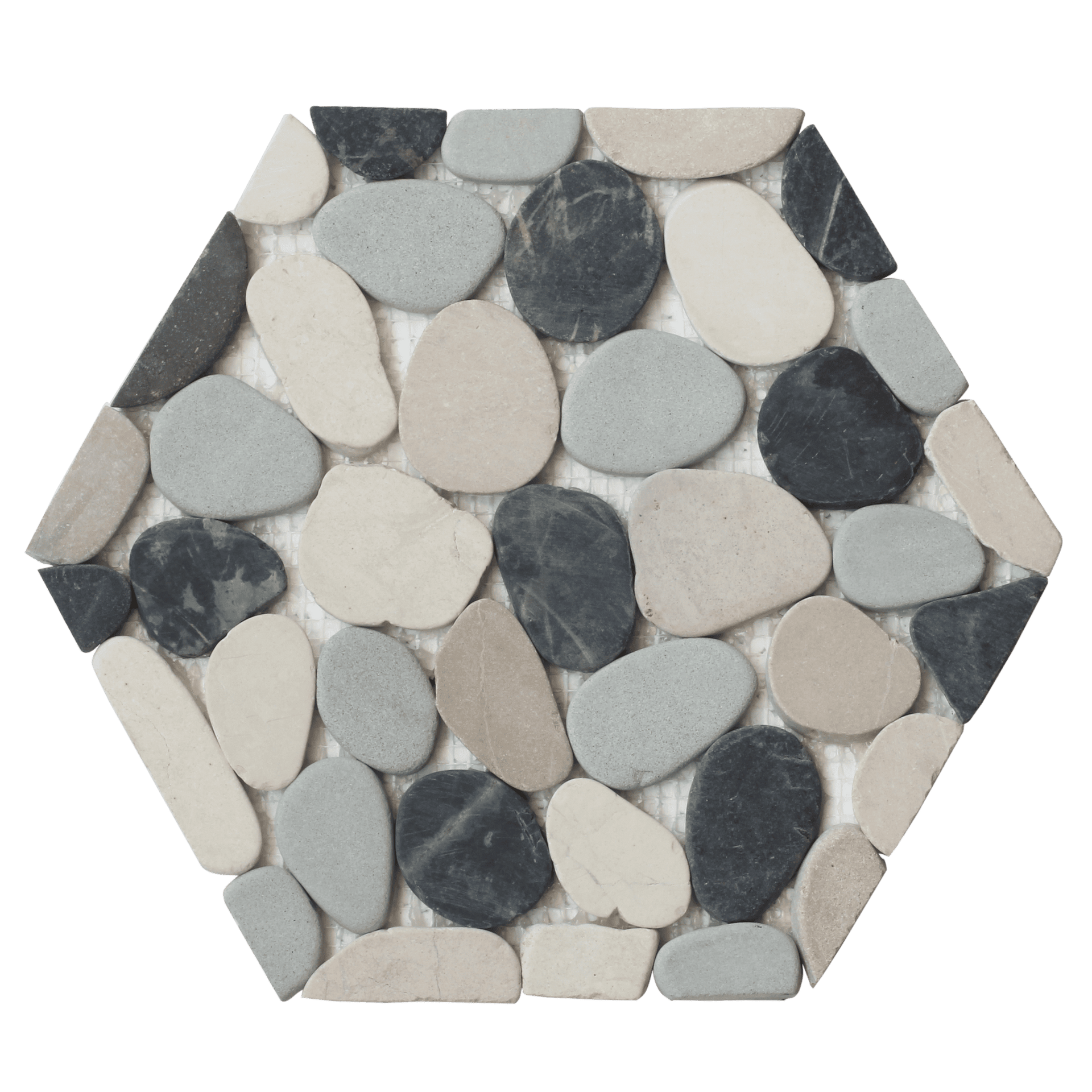 Metro Flat Hex Pebblino mosaic features sleek, contemporary lines in soft grey tones.
