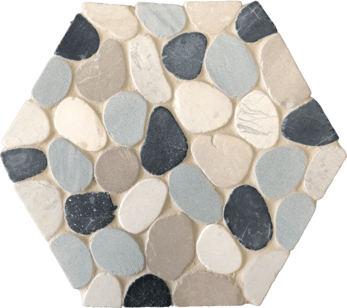 Metro Flat Hex Pebblino mosaic features sleek, contemporary lines in soft grey tones.