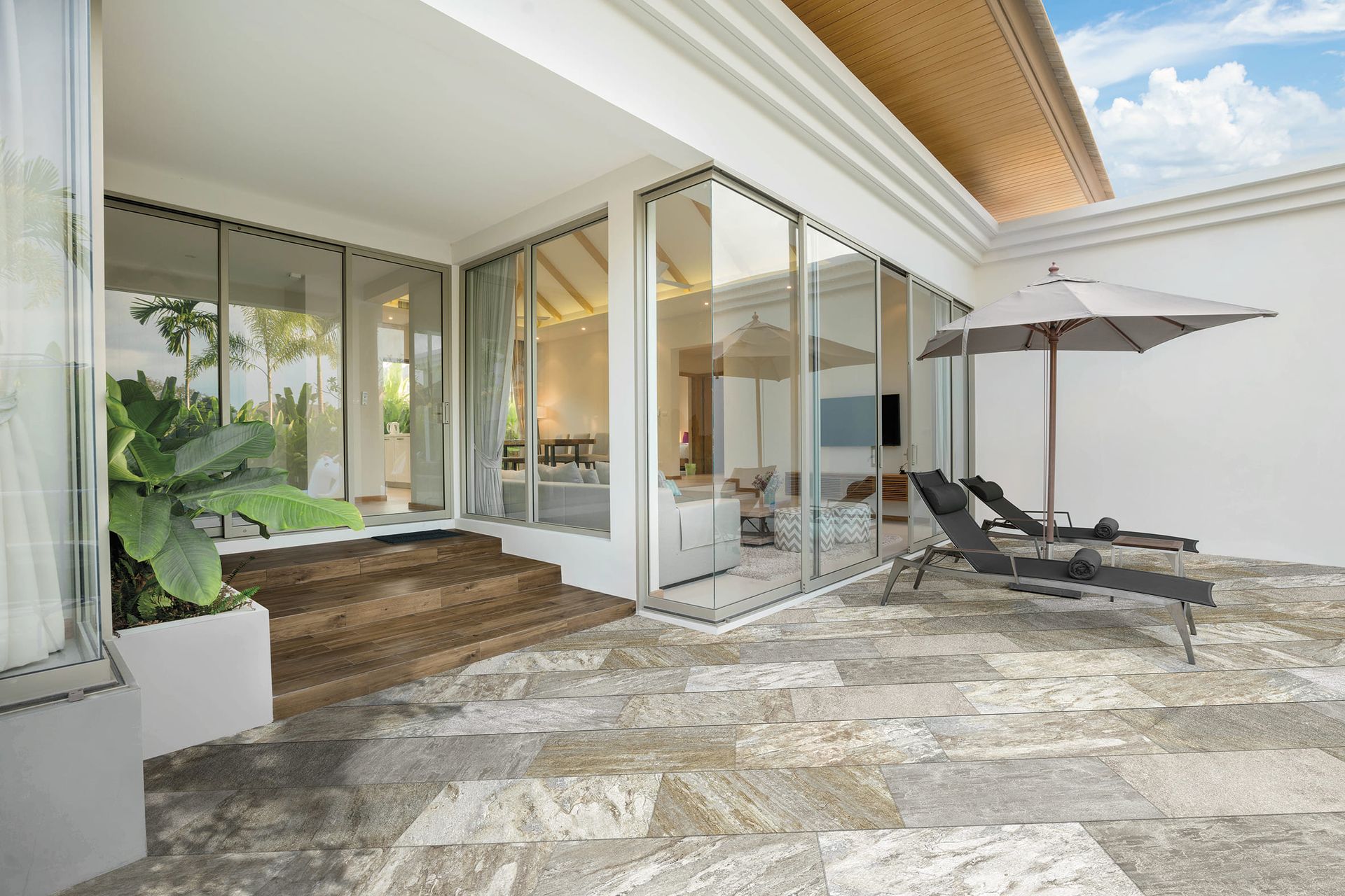 Outdoor-grade Pietrone tile in textured stone finish for patio or exterior use