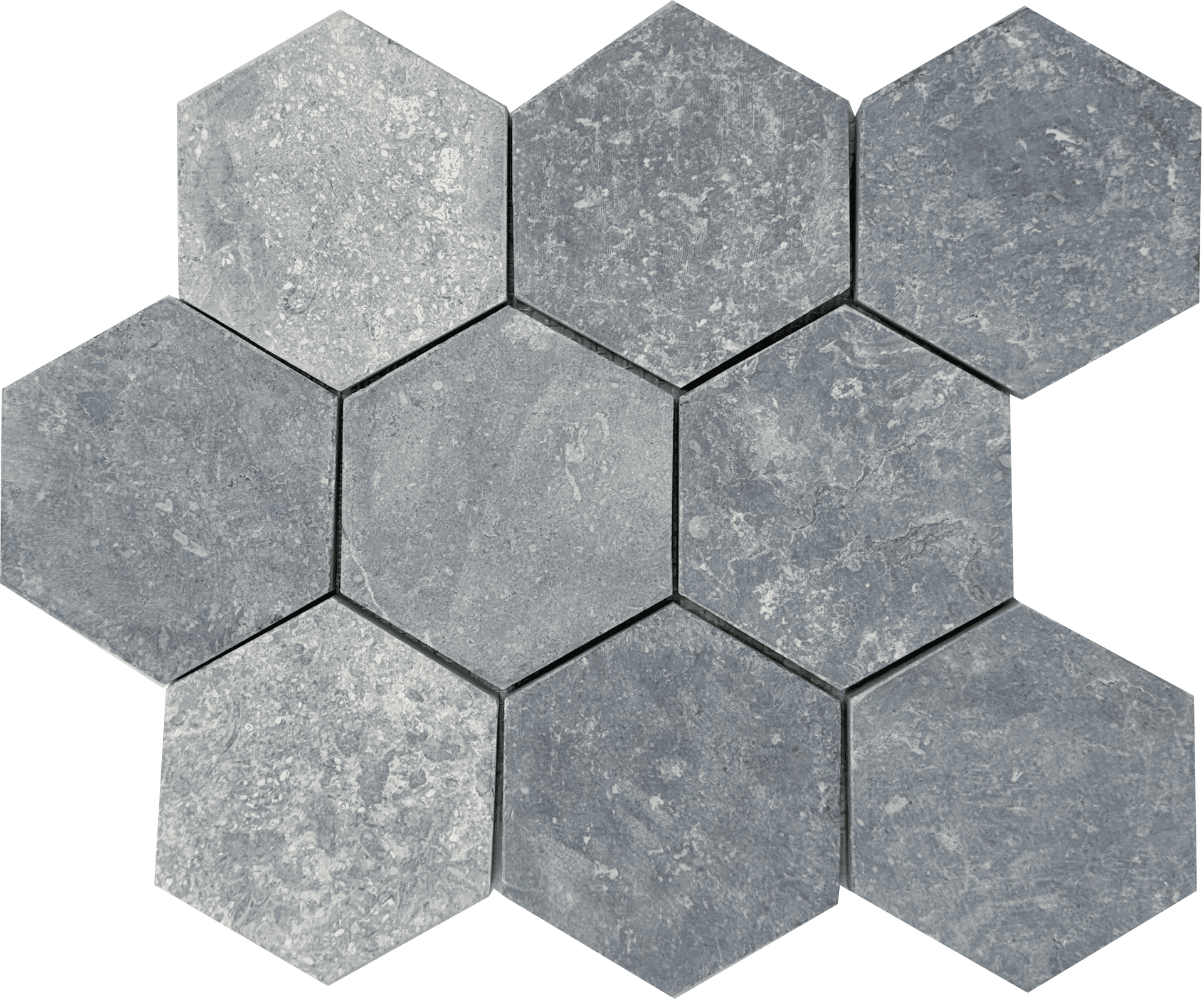 Extra-large Prambanan Grey Hex mosaic creates striking, contemporary statement floors.