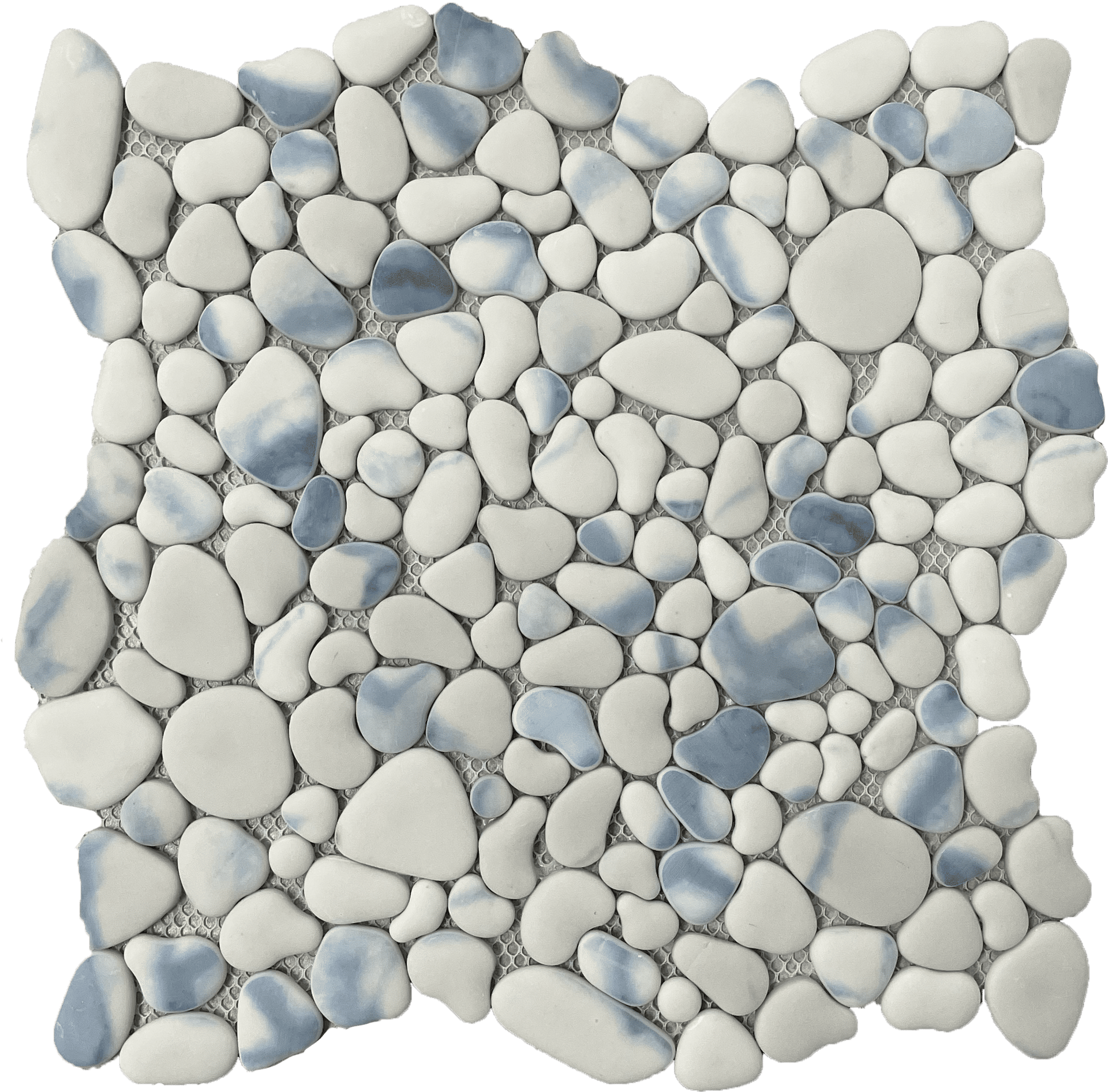 Riva Blue Pebbles mosaic tiles offer soft blue-tinted river stone charm.