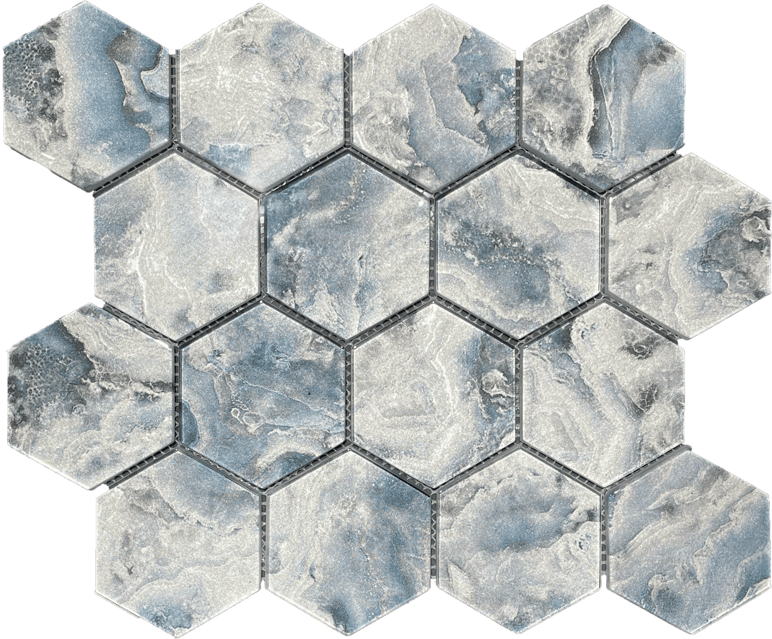 Indigo-toned hex mosaic offers deep color and geometric interest for feature walls.