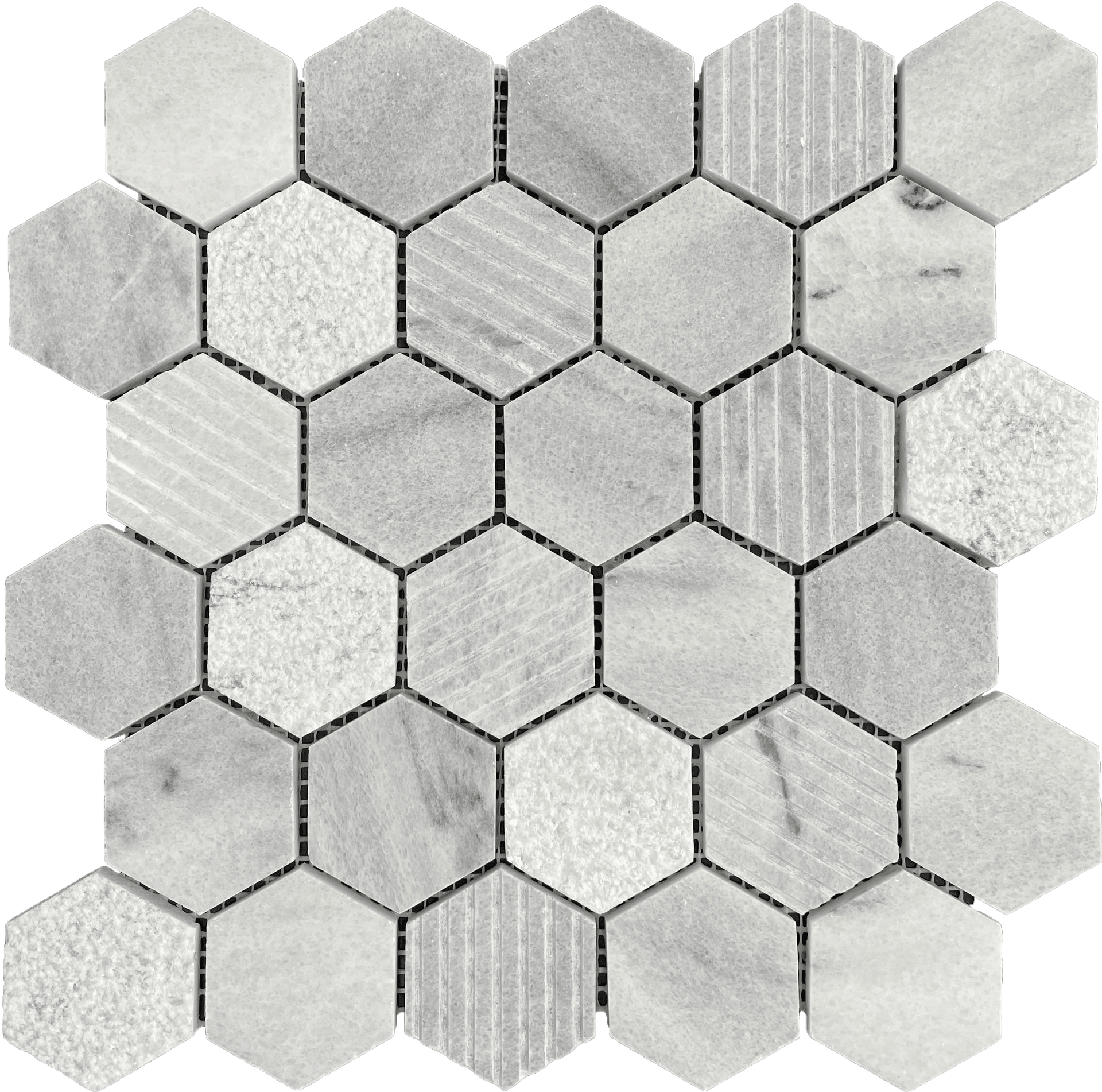 Slate Grey Hex Structured mosaic offers a bold hexagon texture in deep grey for striking, modern interiors.