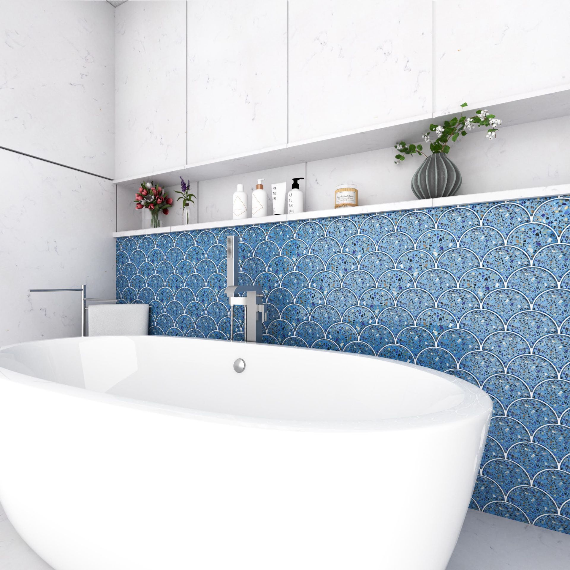 Blue terrazzo fan mosaic tile bringing vintage style to modern tile layouts
