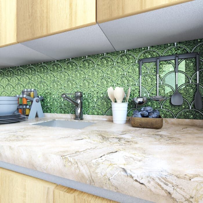 Green terrazzo fan mosaic tile offering fresh color for bold, artistic surfaces