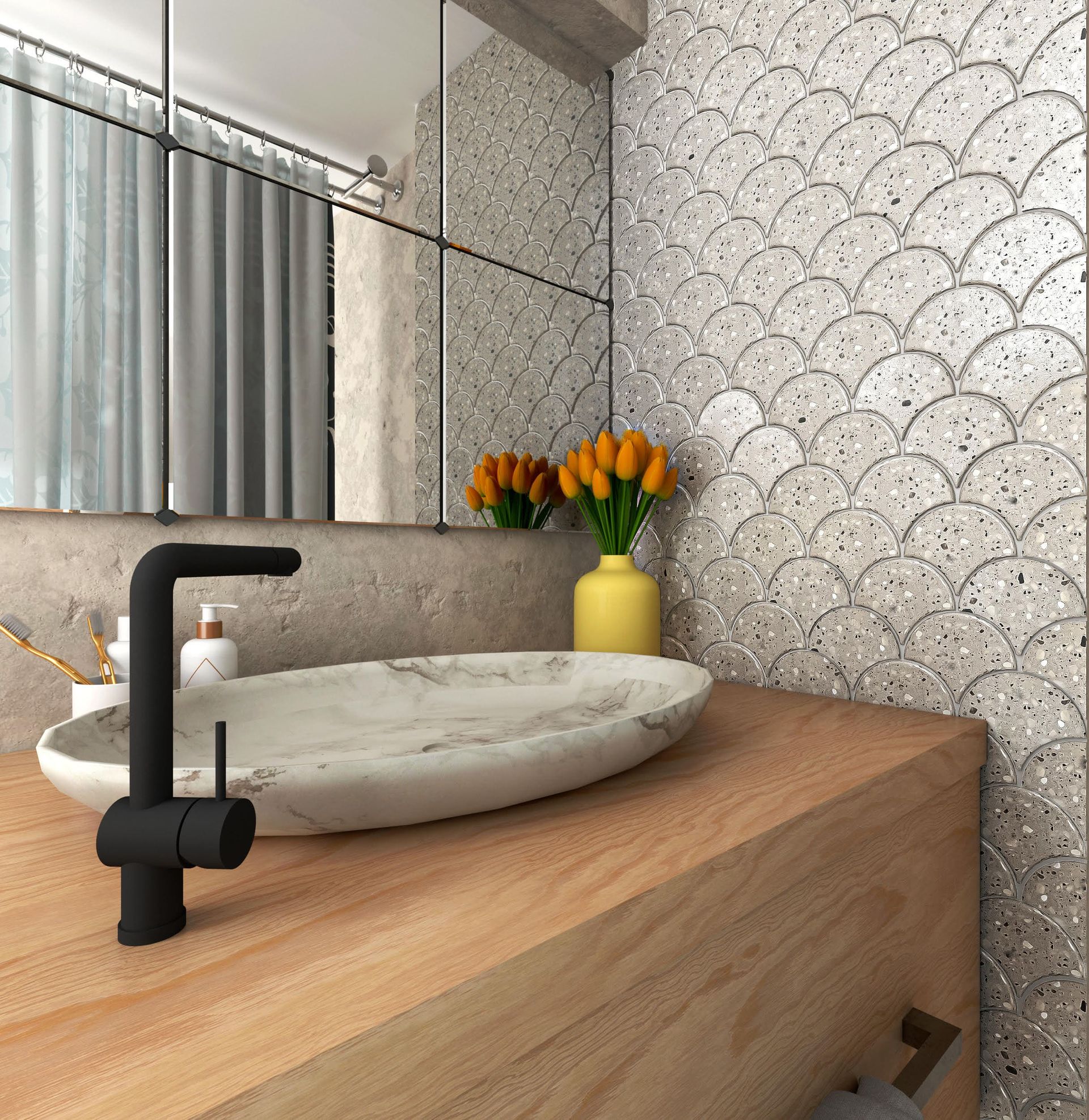 Grey terrazzo fan mosaic with subtle speckles, ideal for flooring and wall accents