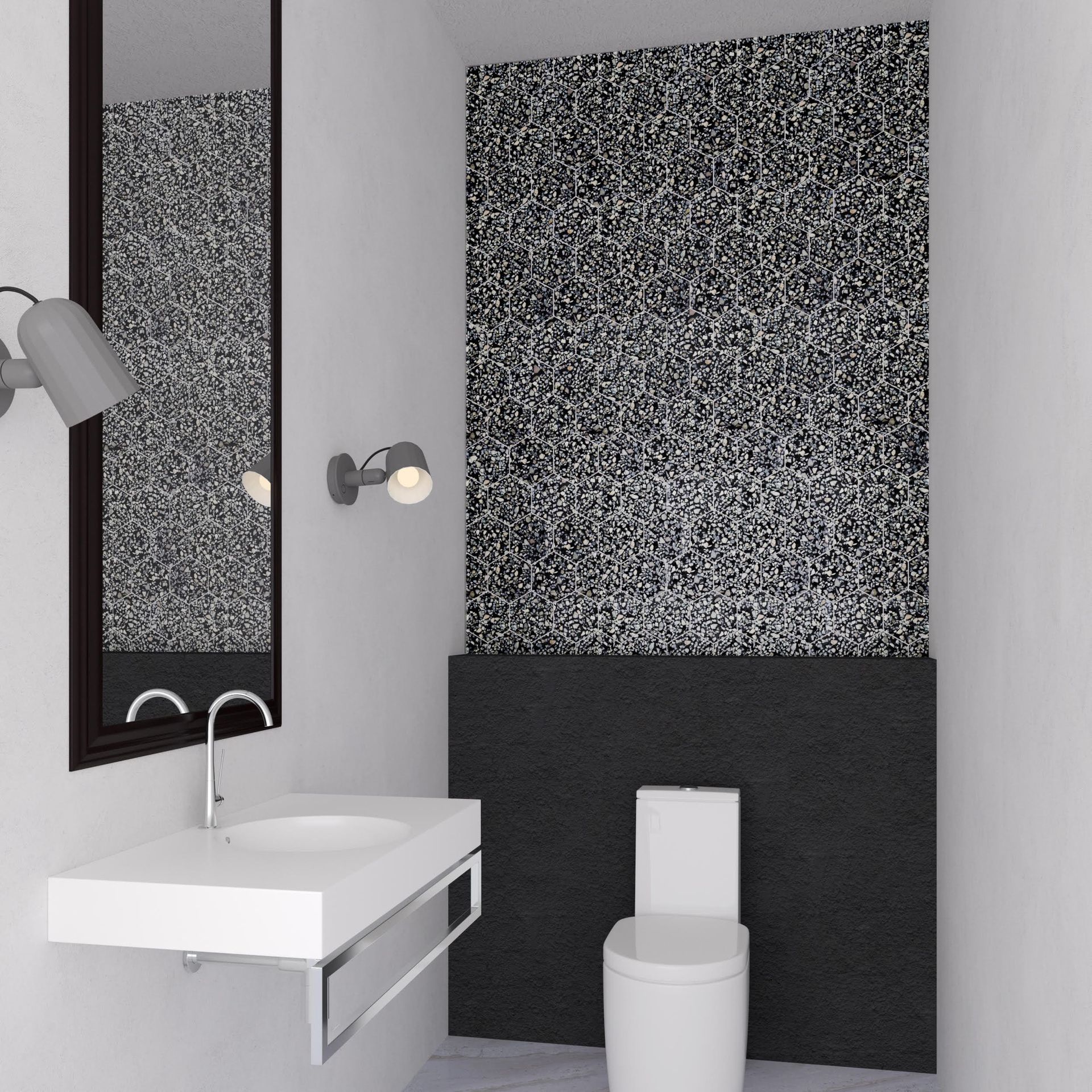 Bold black terrazzo hex tile for standout contemporary design