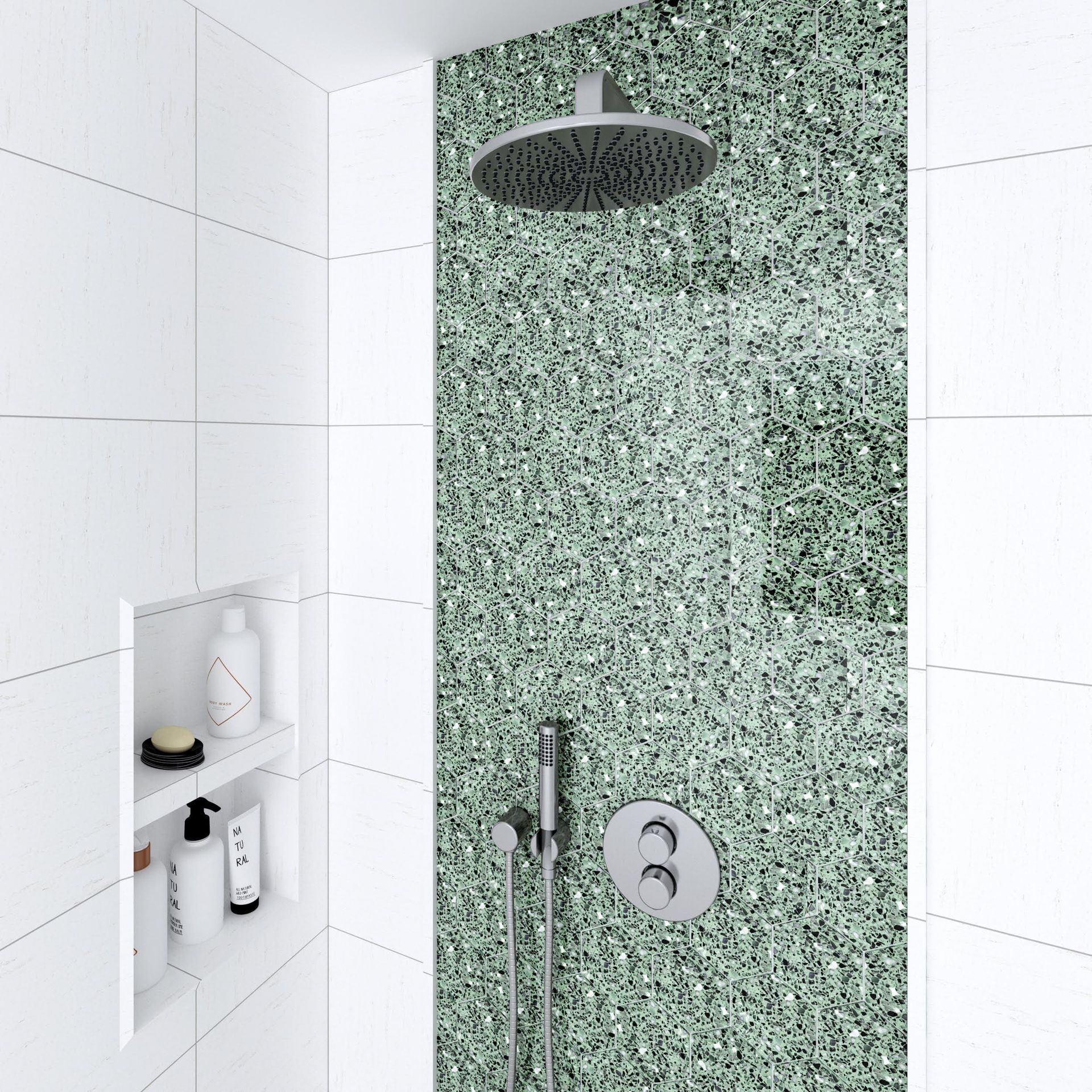 Fresh green terrazzo hex tile great for creative wall and floor designs
