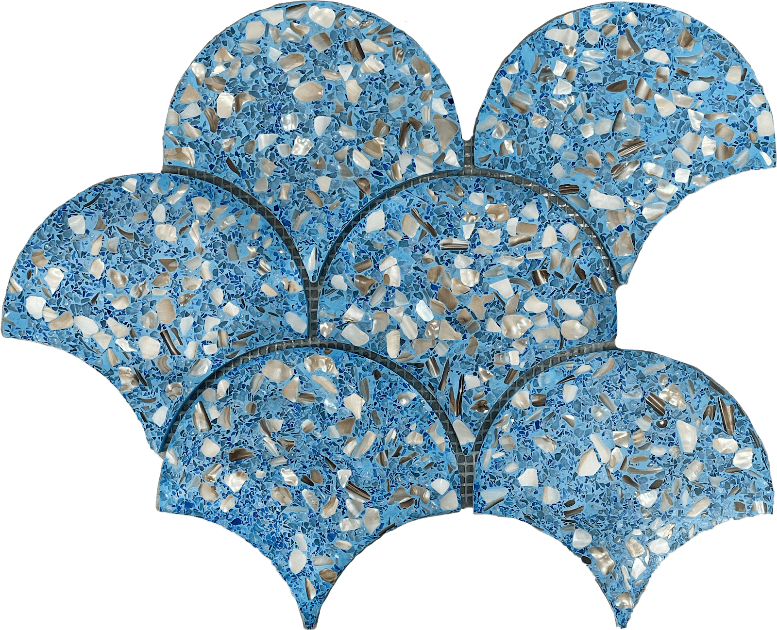 Blue terrazzo fan mosaic tile bringing vintage style to modern tile layouts