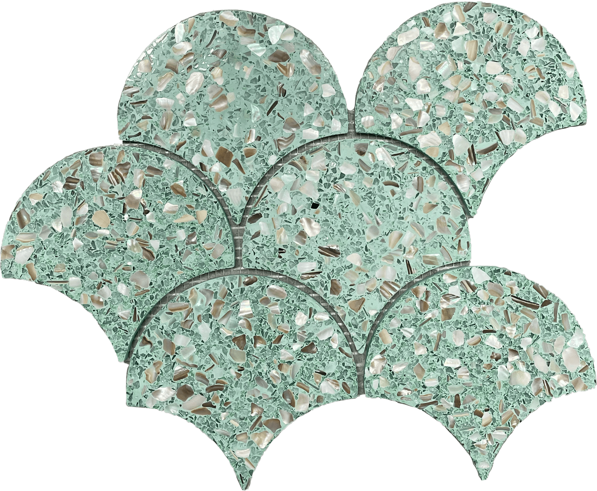 Green terrazzo fan mosaic tile offering fresh color for bold, artistic surfaces