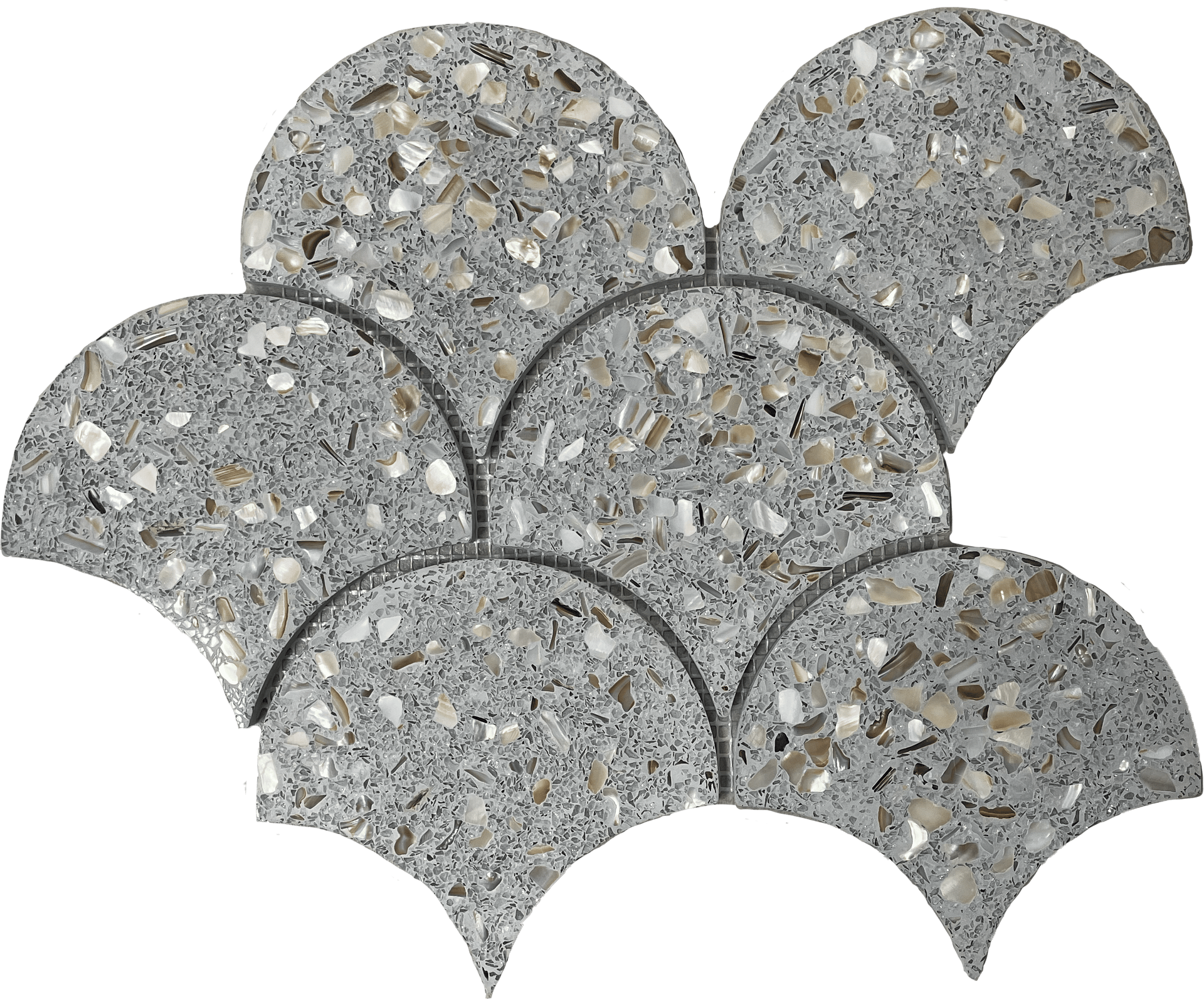 Grey terrazzo fan mosaic with subtle speckles, ideal for flooring and wall accents