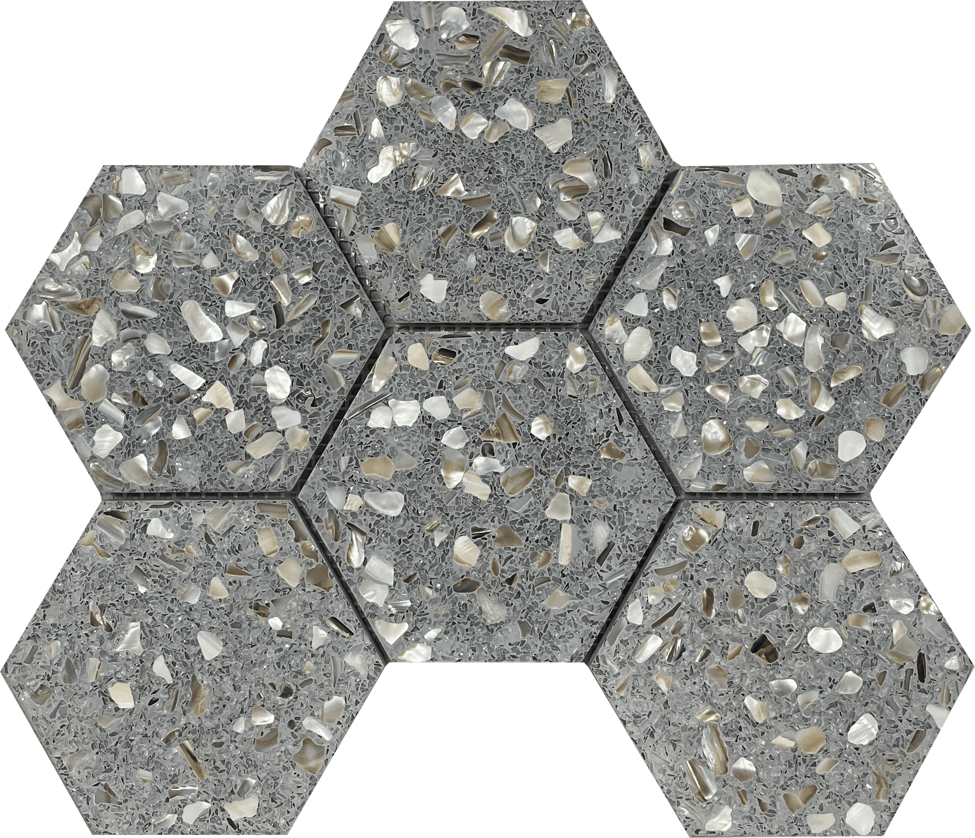 Hexagon-shaped terrazzo tile in modern grey, perfect for floors and backsplashes