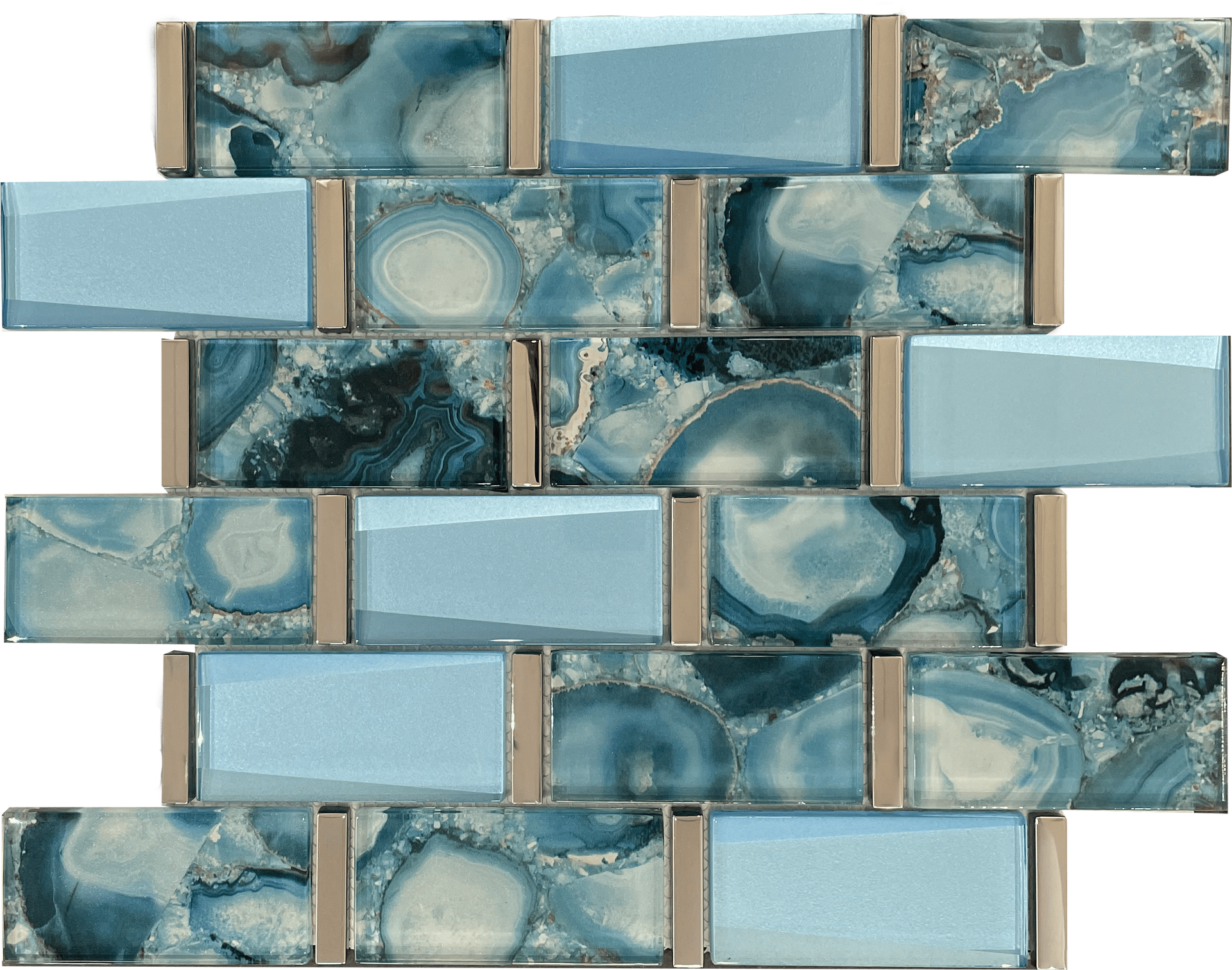 Sky blue glass mosaic tile from the Tribeca collection, bringing color and shine to wall installations