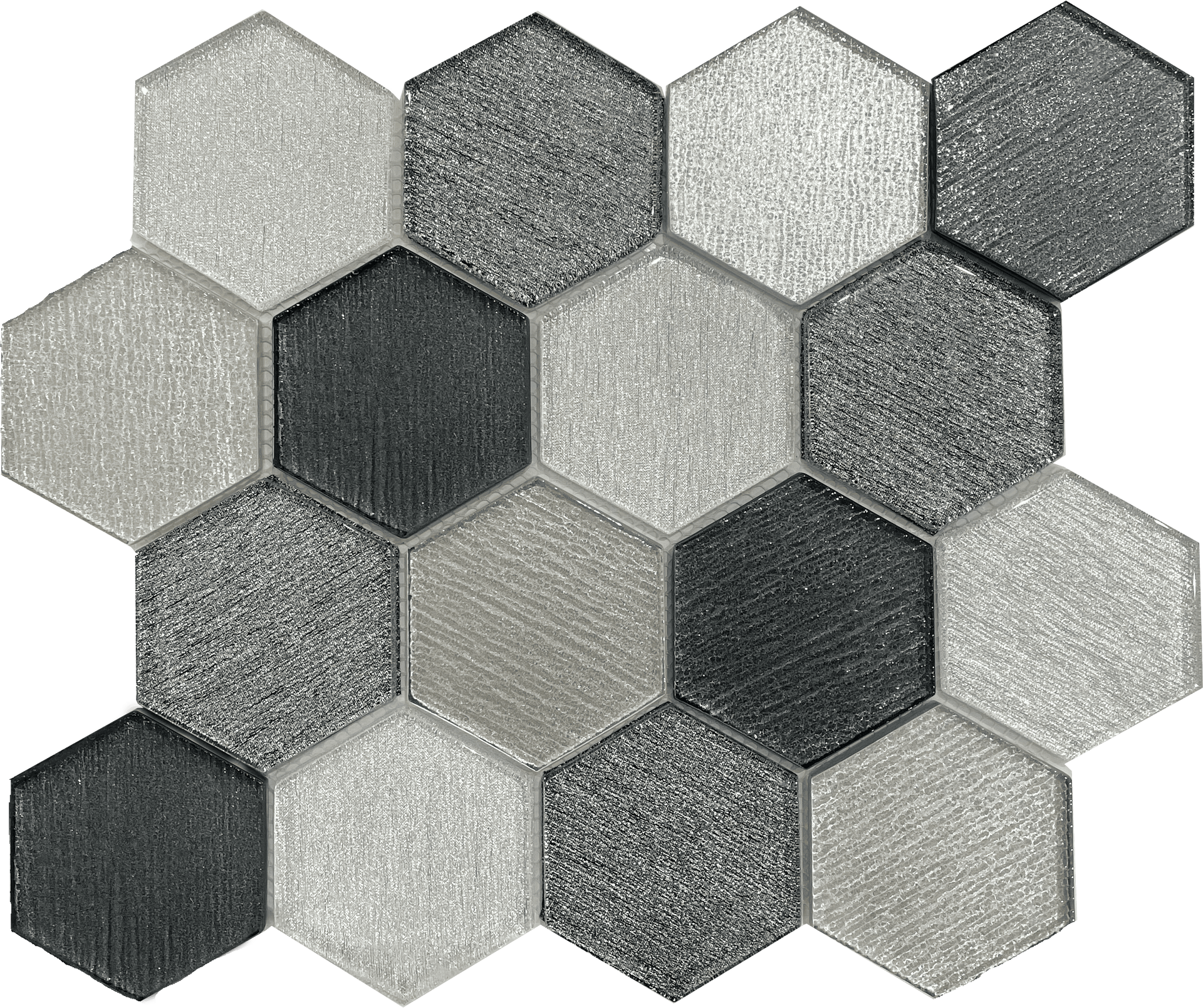 Hexagon-shaped glass mosaic from the Udine line, combining sleek style and light reflection