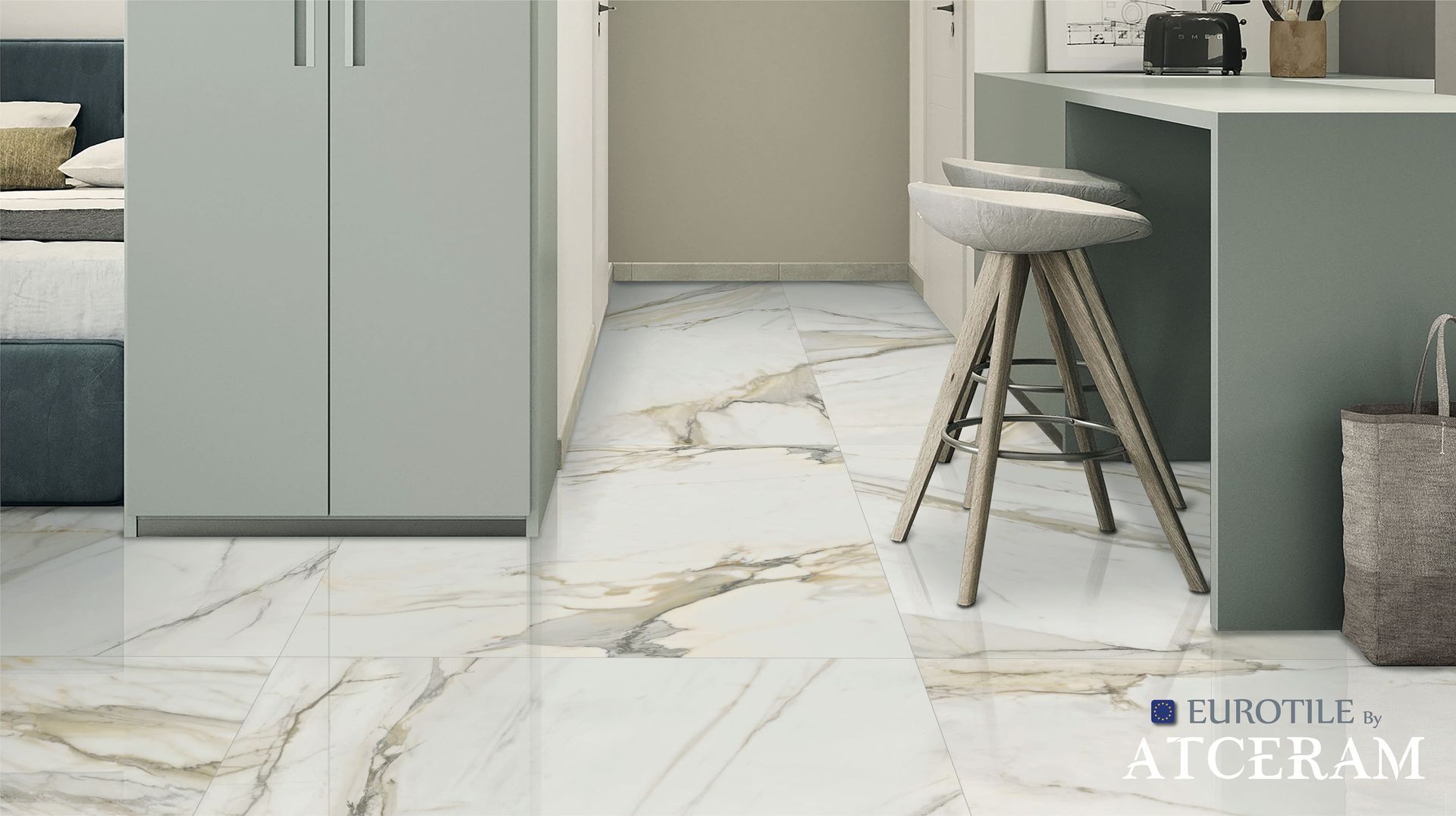 Kitchen floor styled with Valentina Gold tile, adding brightness and subtle glamour