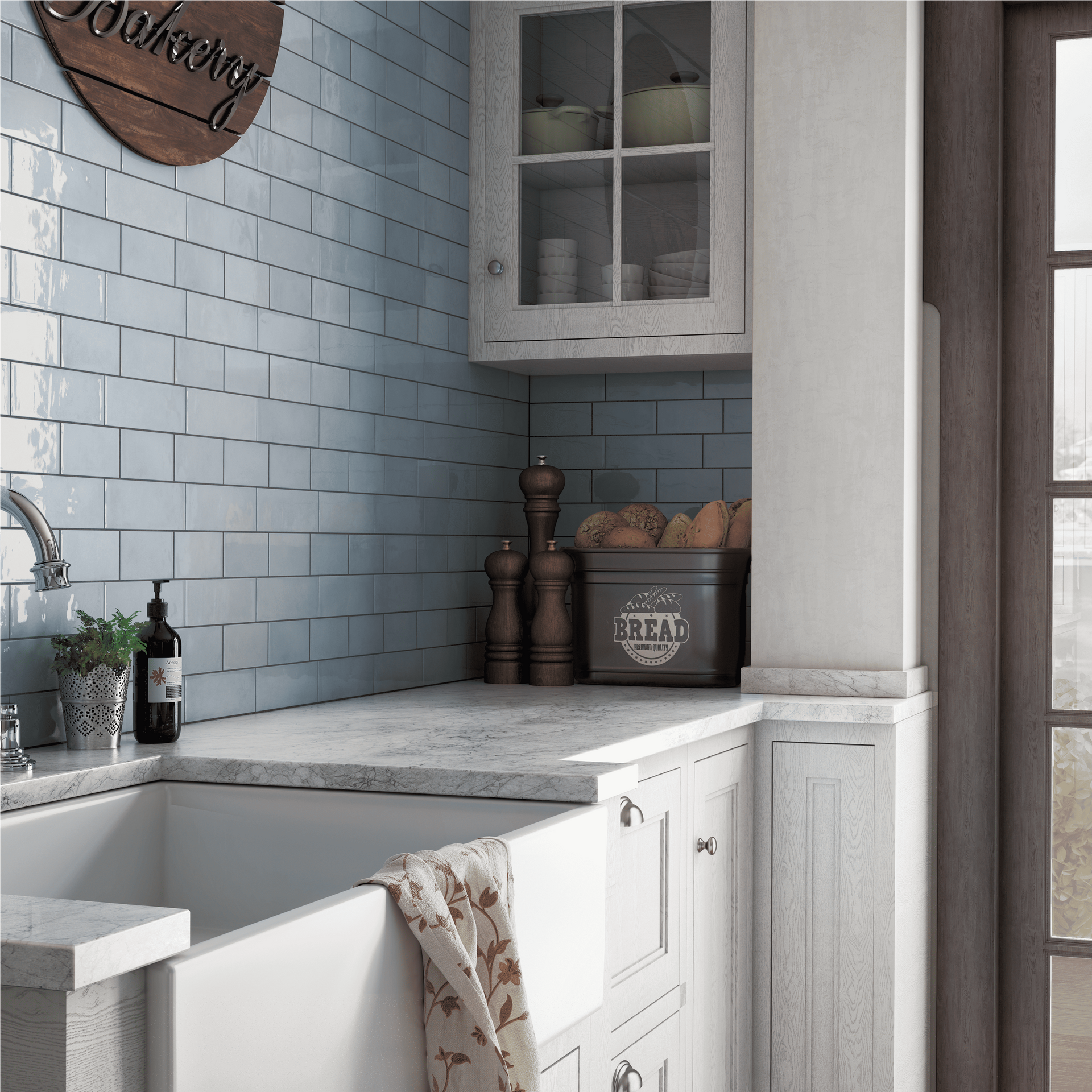 Soft neutral tile from the Village collection, ideal for brightening any space