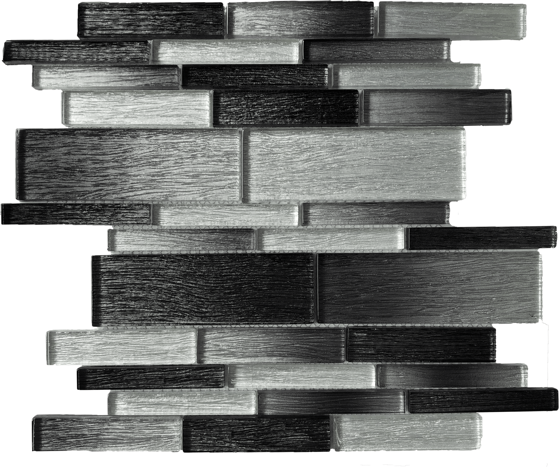 Volantis Glass tile with ombre tones and mixed glass widths, stylish for kitchen backsplash or bar area.