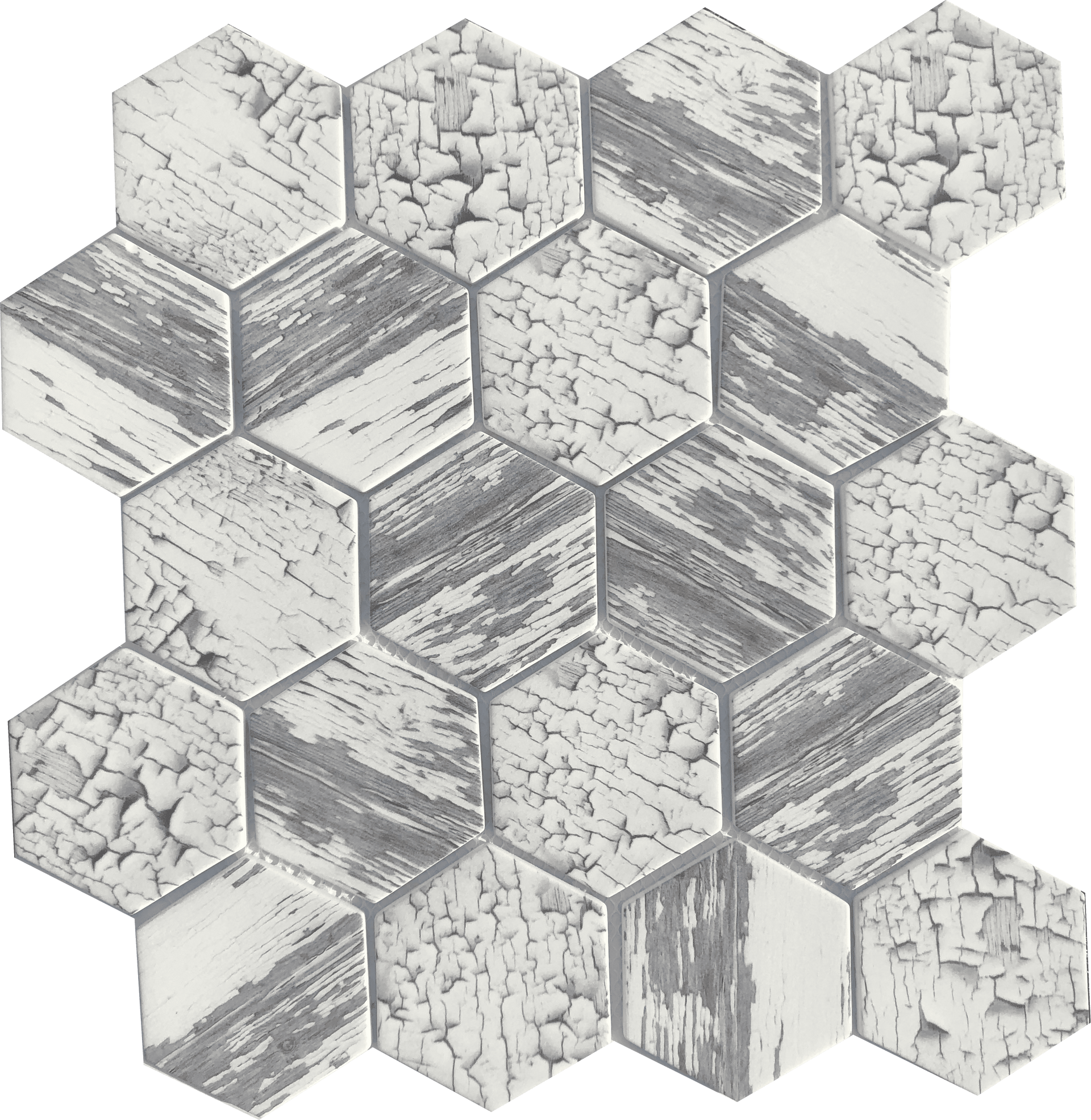 White Crackle Hex tile made from cracked recycled glass, stylish for eco-friendly bathroom or kitchen walls.
