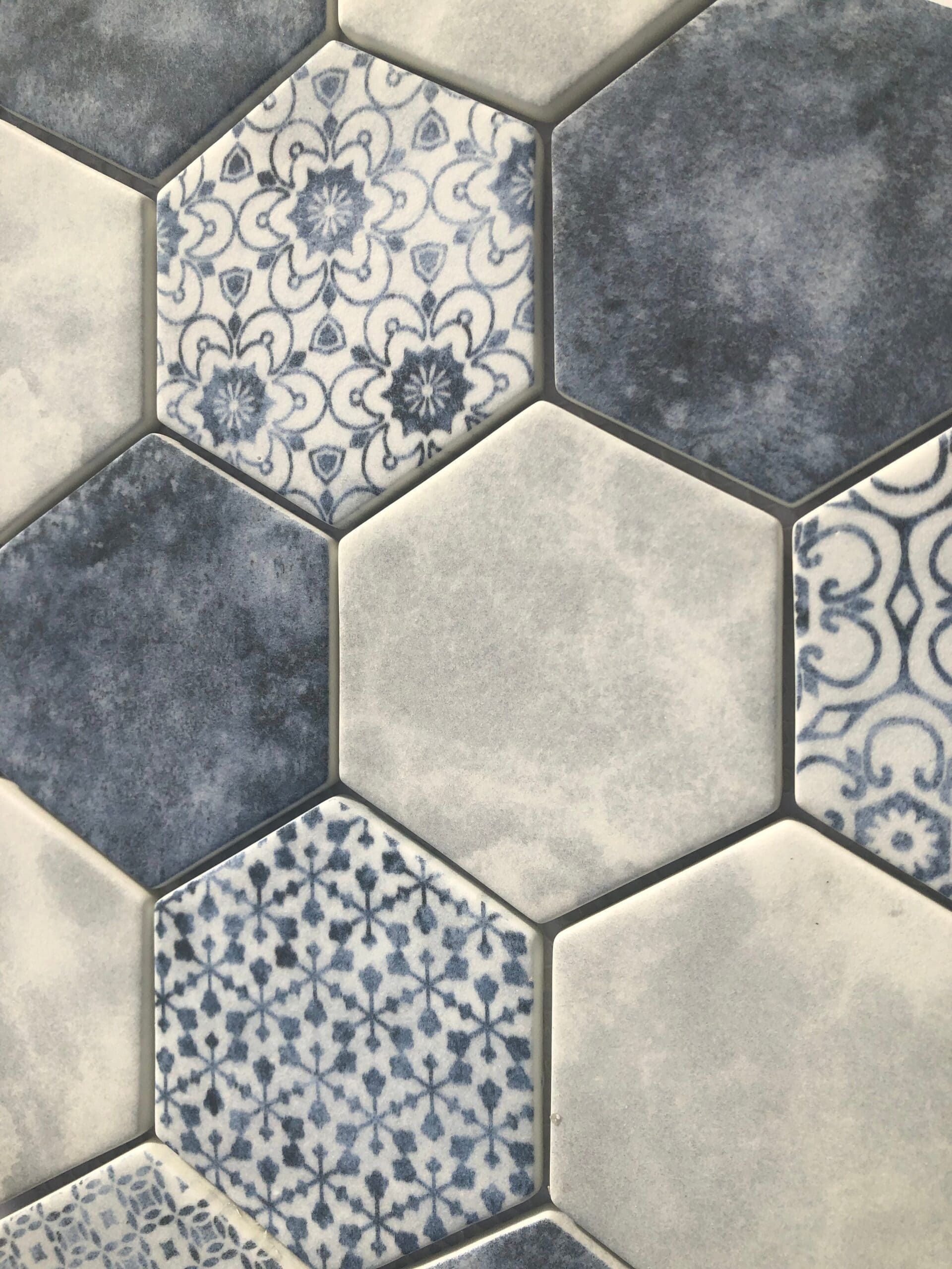 Azulejo Hexagon tile with Mediterranean blue tones and patterns, great for artistic accent walls.