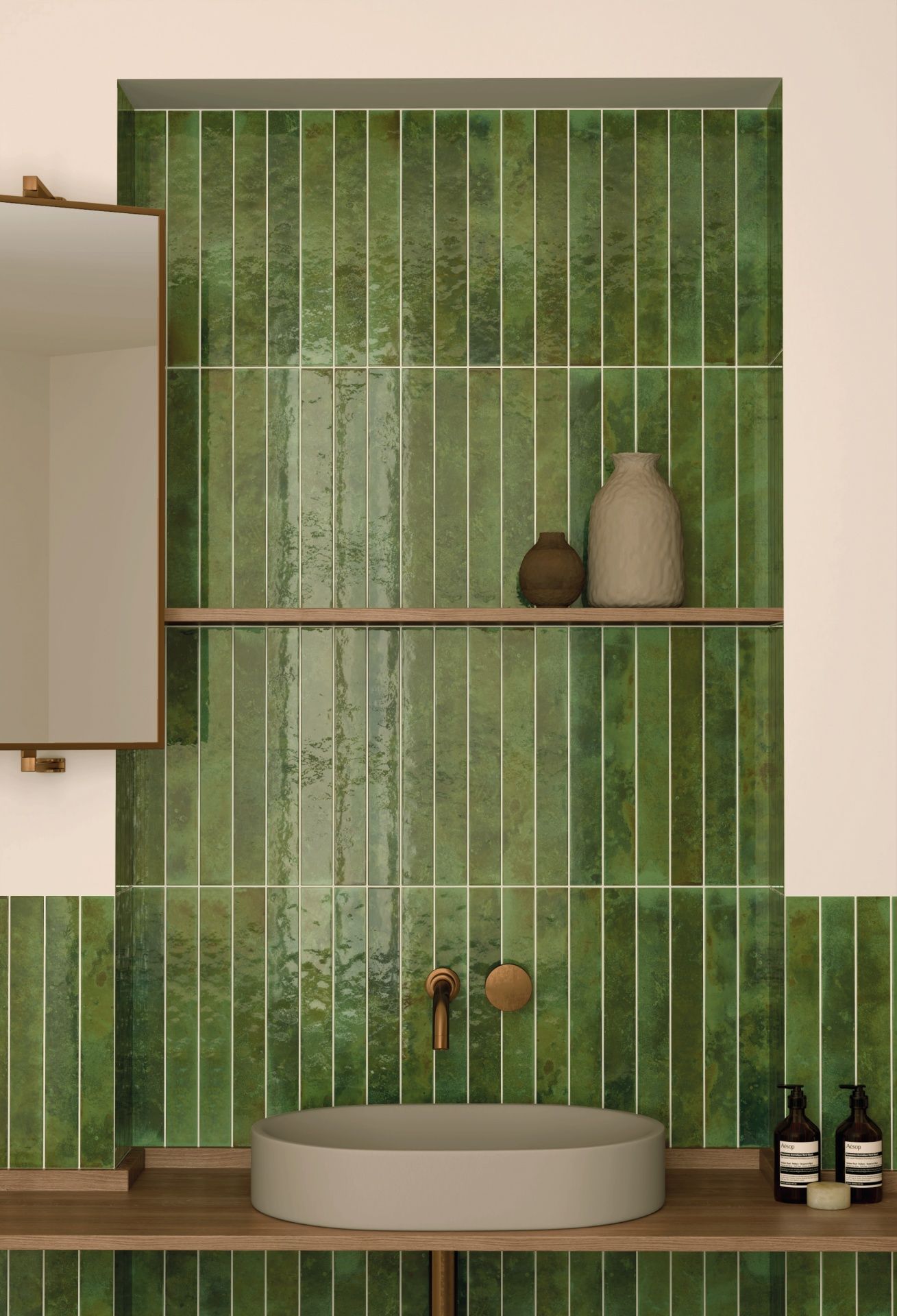 Bali Green tile on a vibrant kitchen backsplash with modern earthy tones
