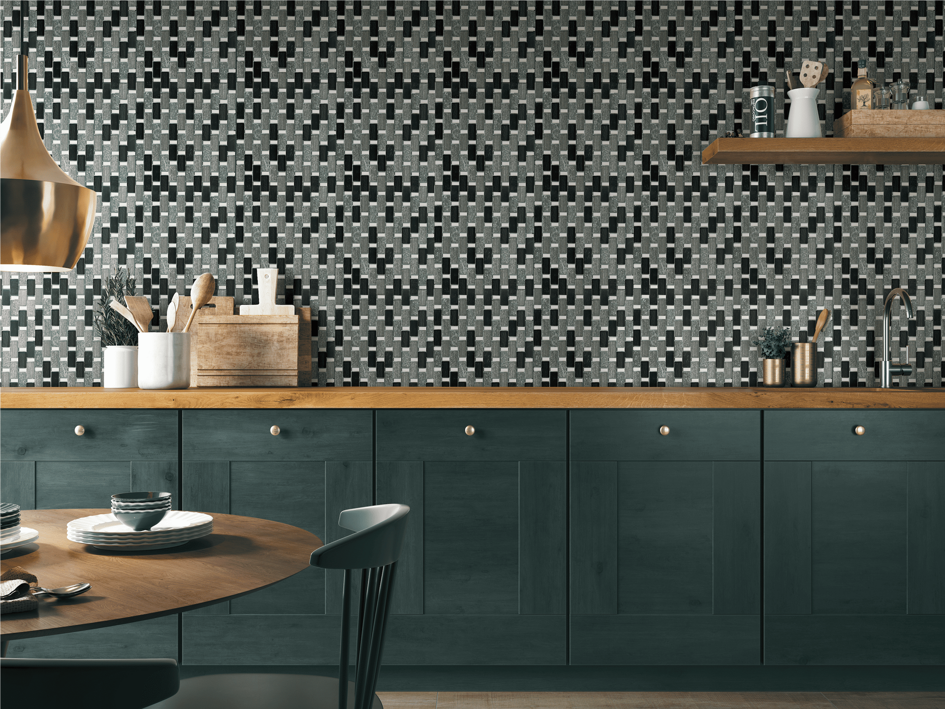 Bolzano Mini mosaic tile with sleek gray tones and small rectangular cuts, ideal for kitchen backsplashes.