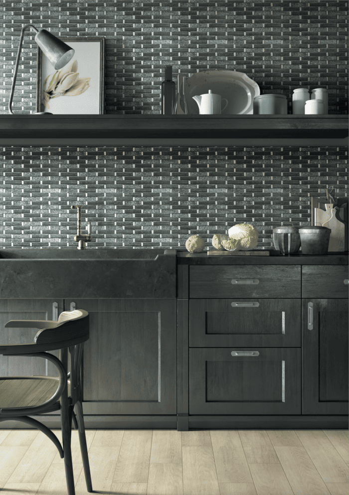 Bolzano Nero mosaic tile in bold black and charcoal, adds dramatic contrast to bathrooms or floors.