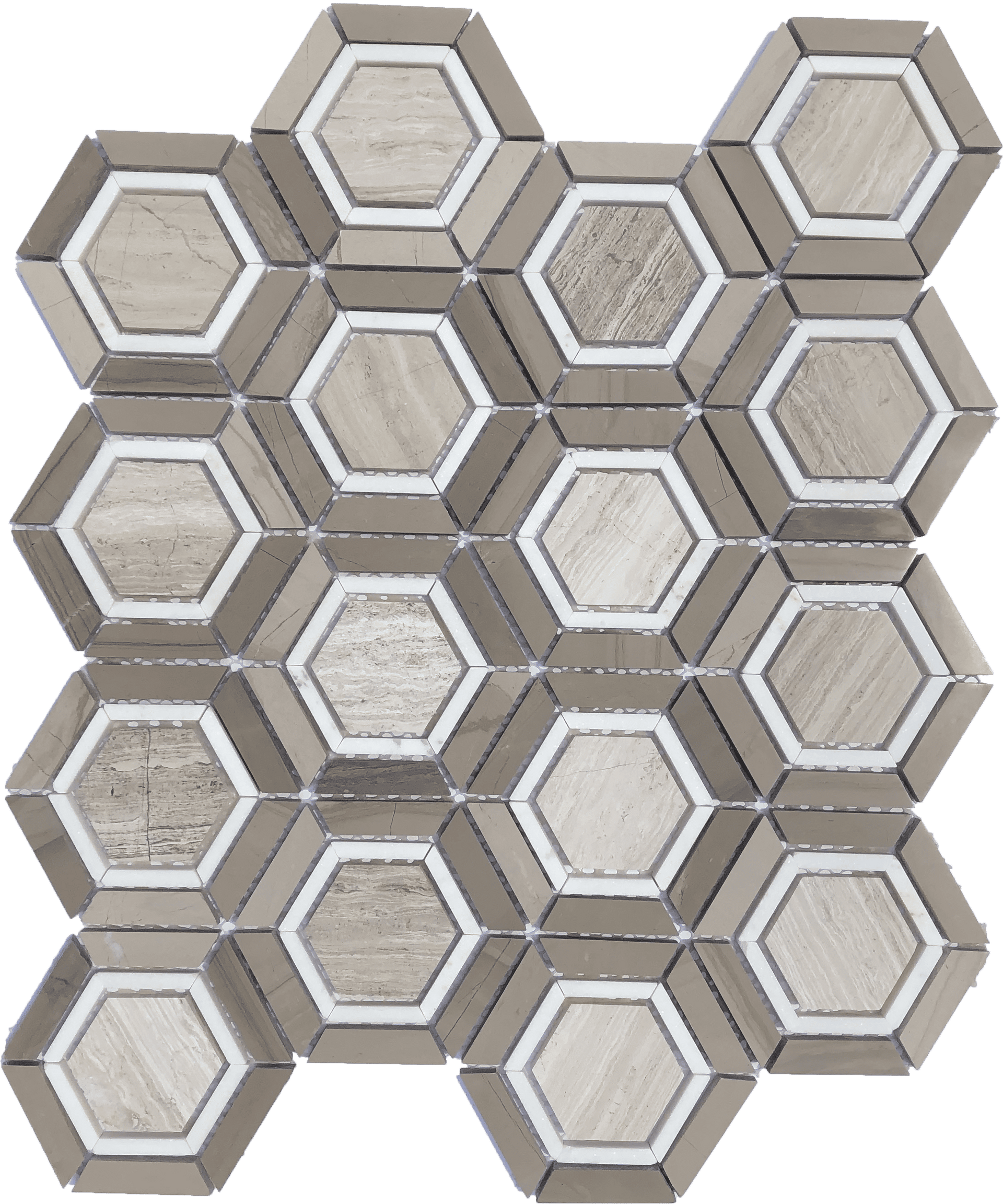 Camelia Hexagon tile with delicate veining and soft hues, elegant for kitchens or bath interiors.