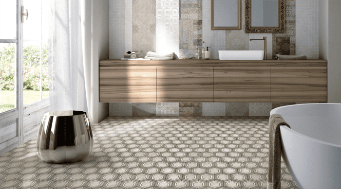 Camelia Hexagon tile with delicate veining and soft hues, elegant for kitchens or bath interiors.