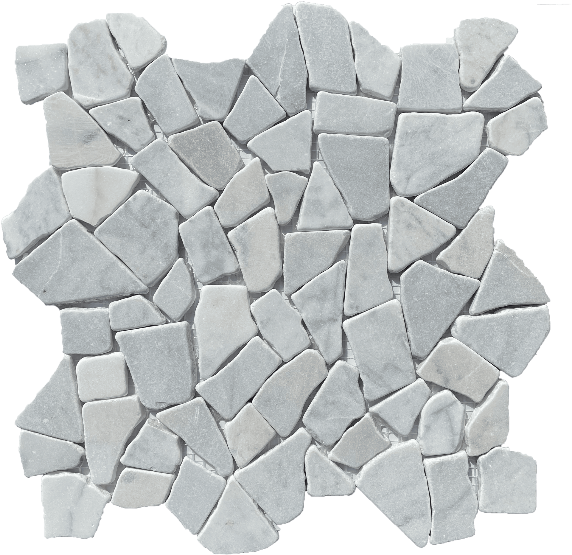 Carrara Tumbled Verona Pebble mosaic tile with smooth white and gray stones, ideal for spa-style floors and walls.