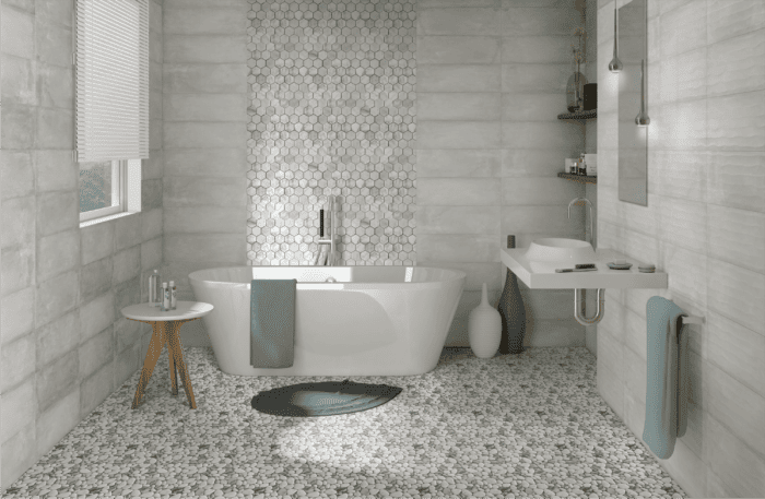 Rio Piedras mosaic blends natural stone shapes into a curated geometric layout.