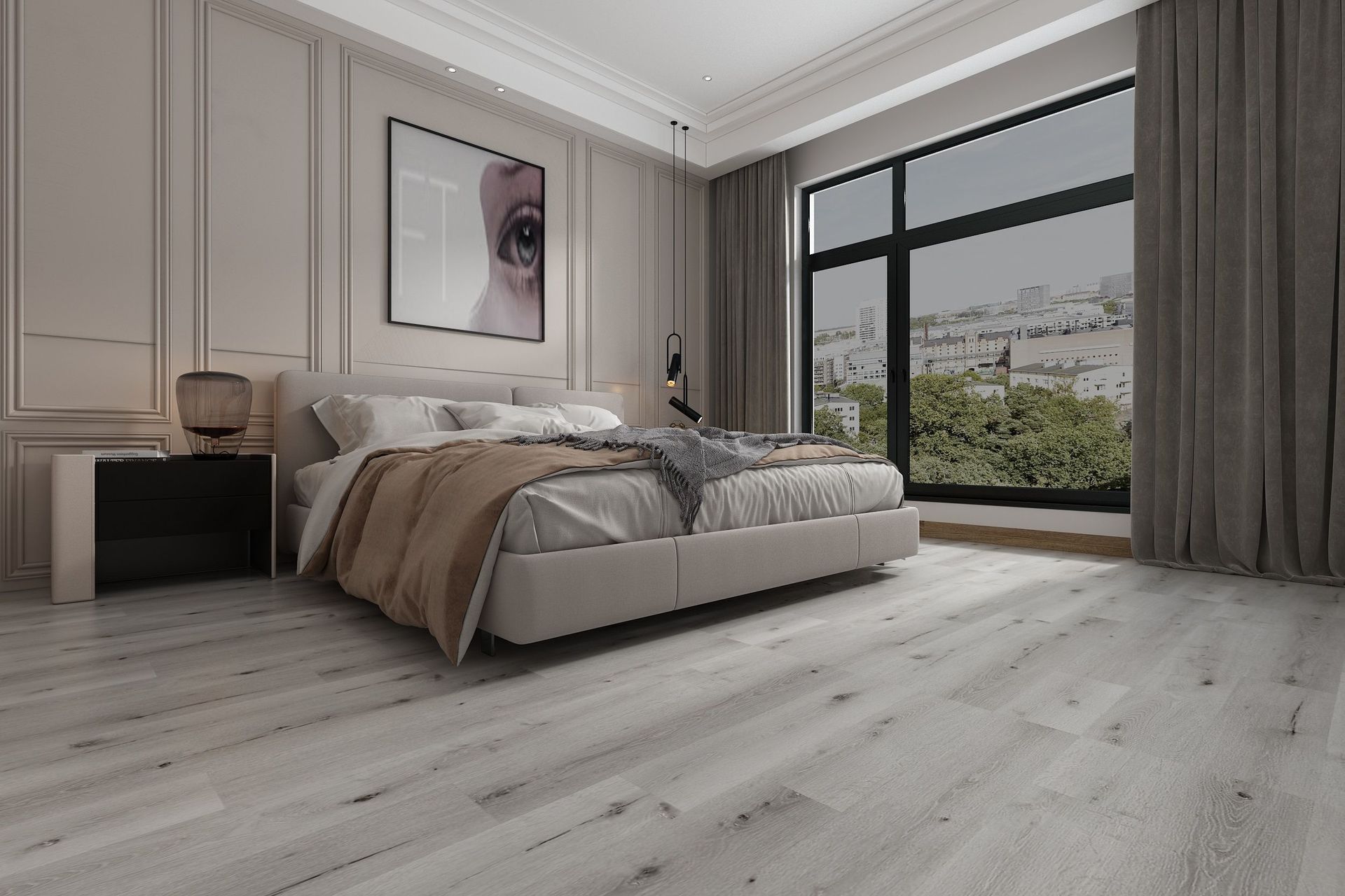 Smot Beige tile on bedroom floor with warm matte finish and neutral palette