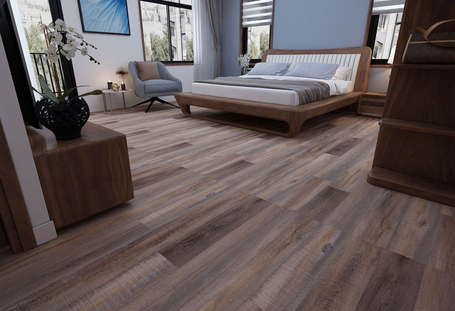 Dark oak wood-look tiles covering bedroom floor for a rich, natural hardwood look