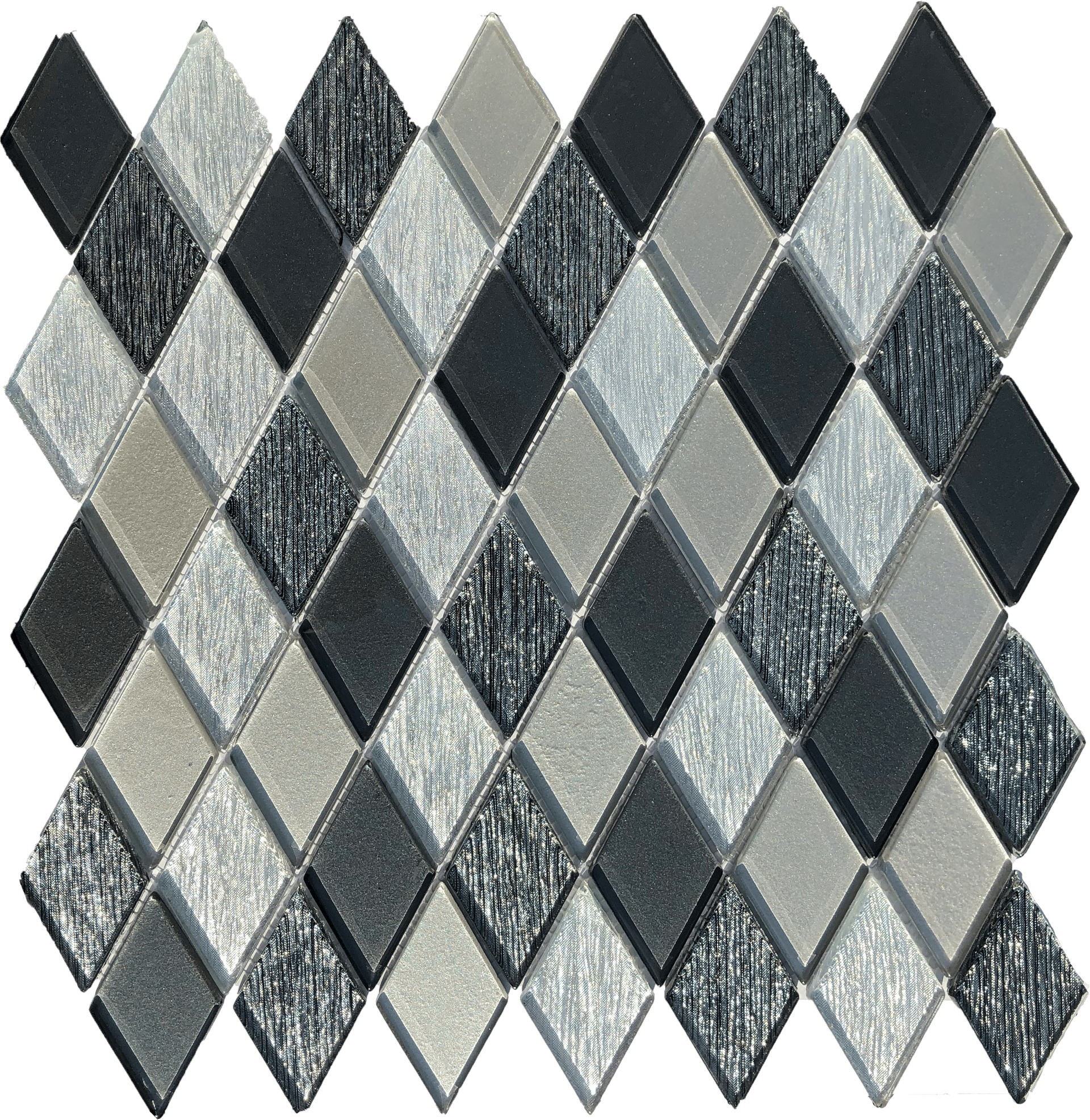 Dragon Glass mosaic tile with iridescent glass pieces in dark hues, ideal for striking backsplashes and feature walls.