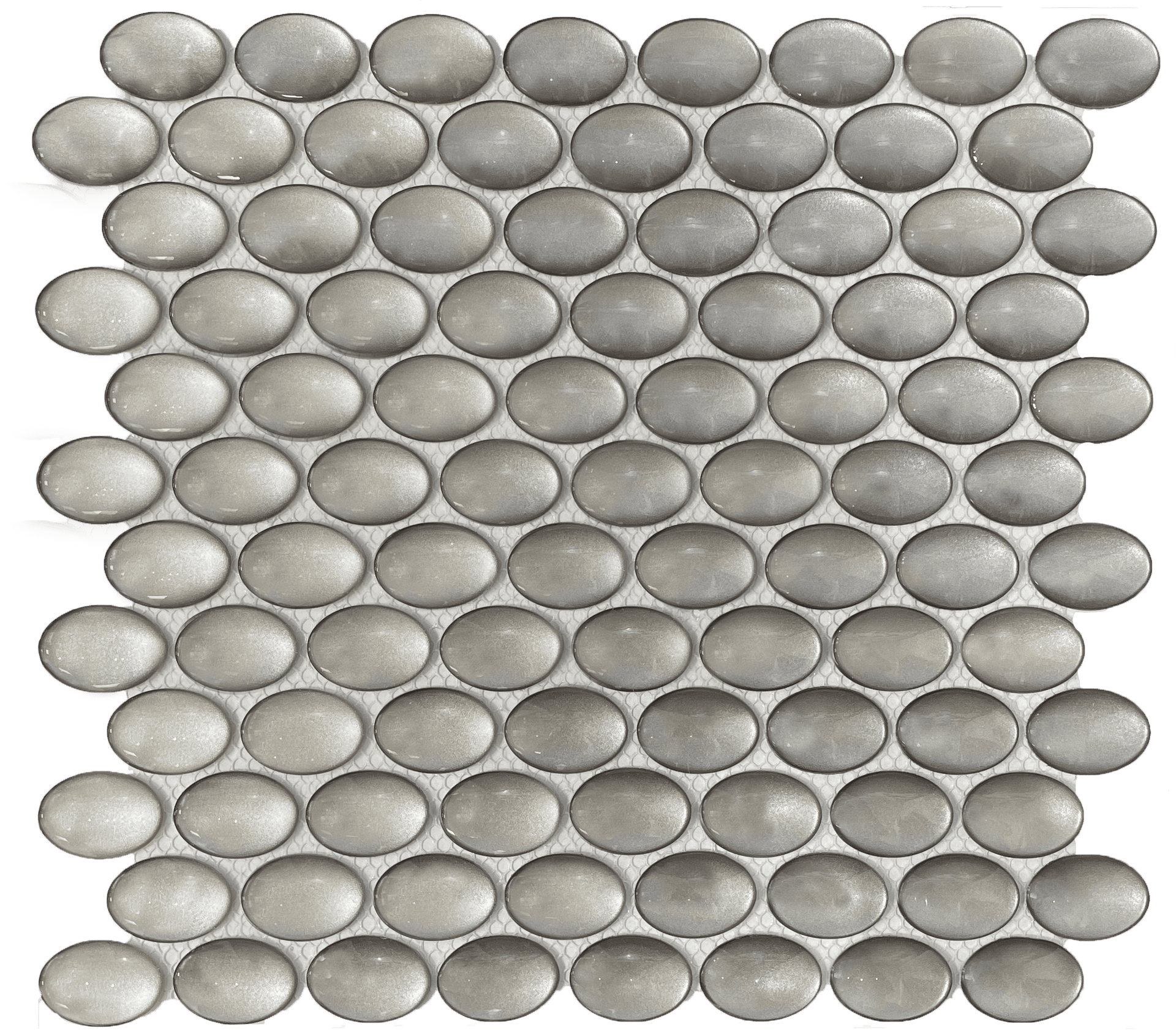 Taupe-colored glass mosaic tile in ellipse pattern, suitable for contemporary interiors.