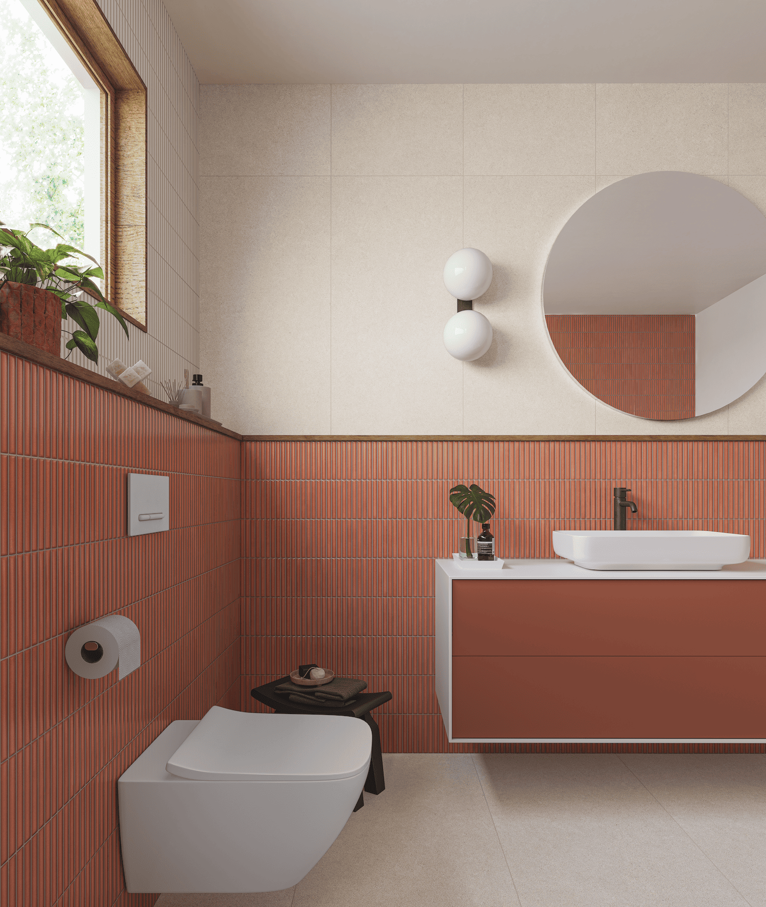 Coral Lingot tile features warm, vibrant tones perfect for bold accent spaces