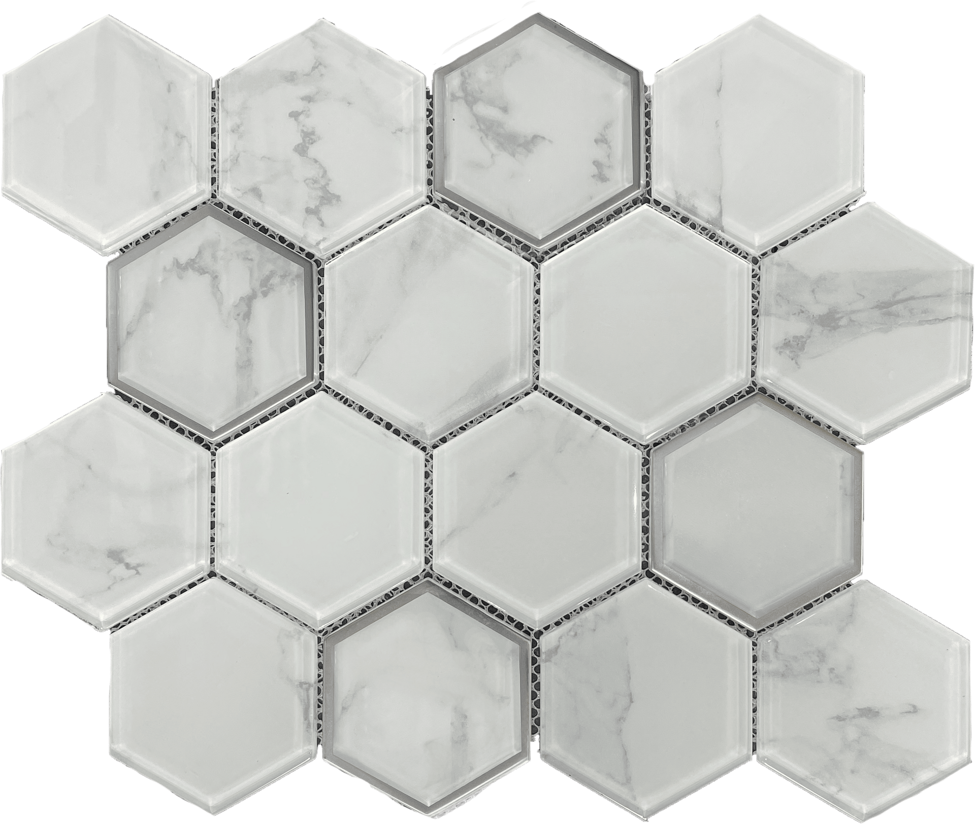 Hexagon-shaped glass and marble mosaic tile, suitable for contemporary kitchen backsplashes.