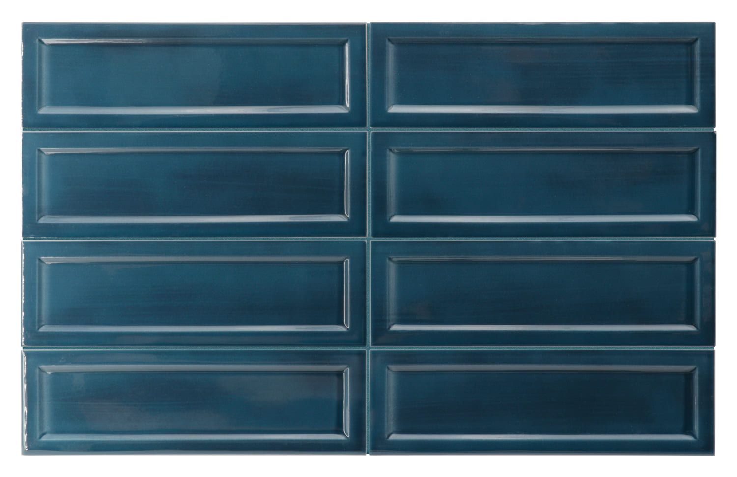 Island Frame Slate Blue tiles add dimension and structure to interior wall designs