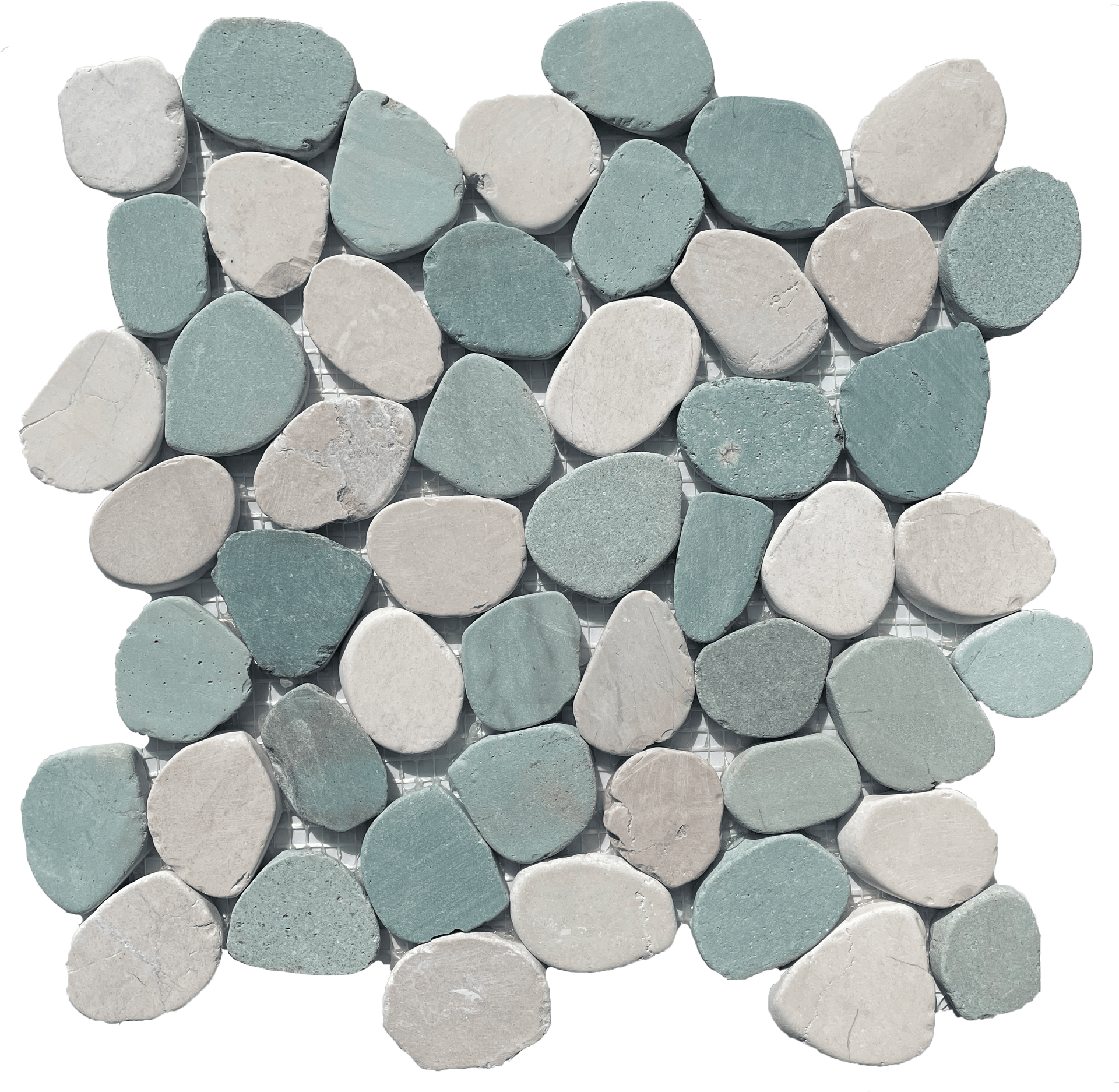 Natural pebble mosaic in coastal tones, perfect for walk-in showers and outdoor floors.