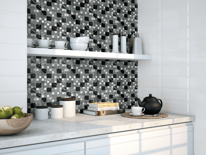 Lovina Space mosaic tile with bold textures and deep tones for accent walls or floors