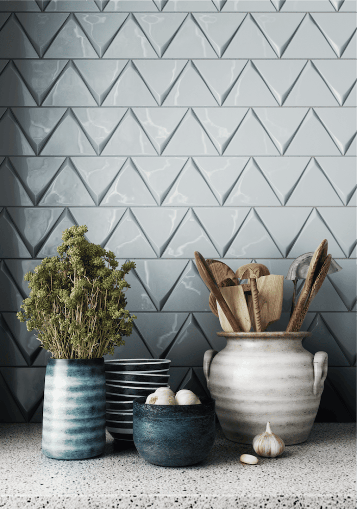 Sky blue triangular wall tile from the Tirol series, adding playful charm to modern interiors