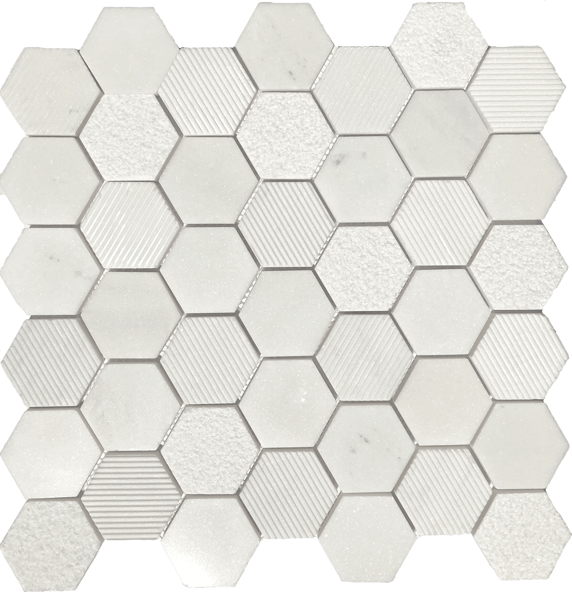 Hexagon-shaped Marmol Bianco mosaic tile with soft marble tones for refined interiors